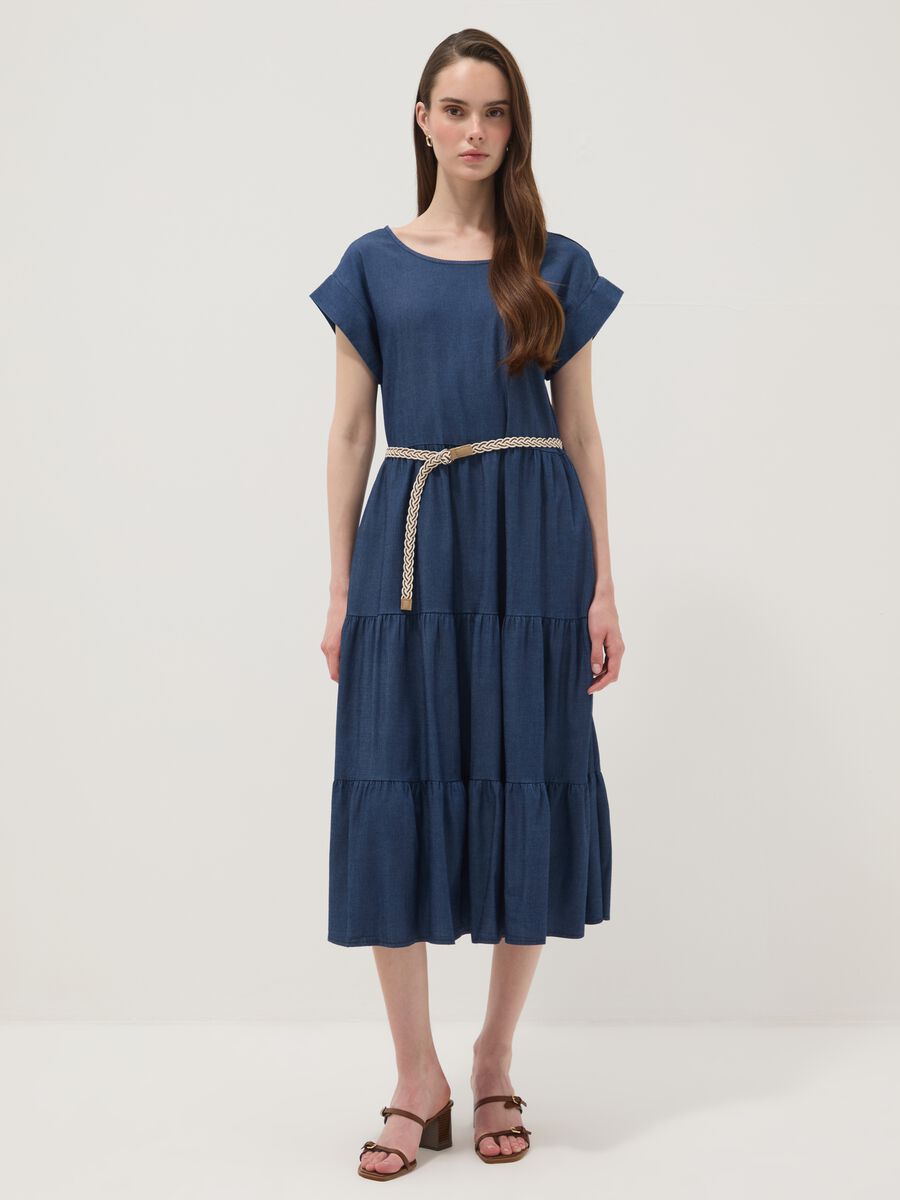 Blue midi dress in pure lyocell with braided belt_0