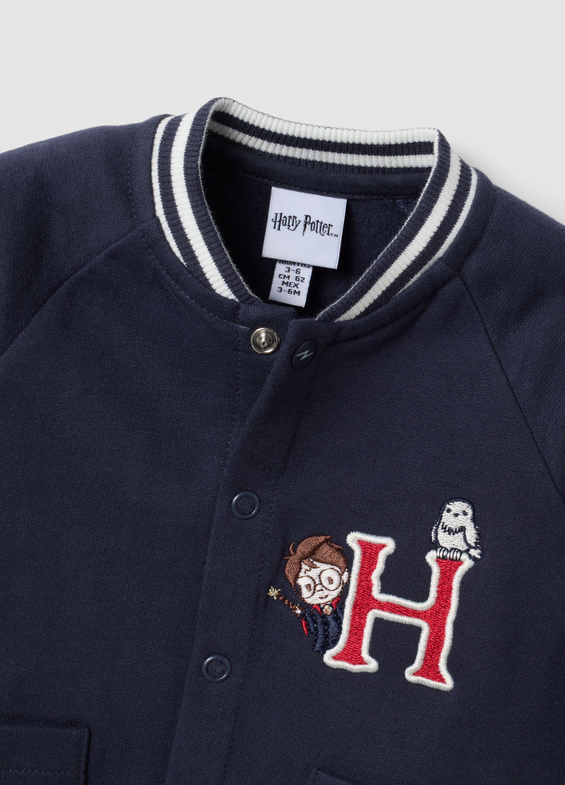 Black organic cotton babygrow with Harry Potter embroidery