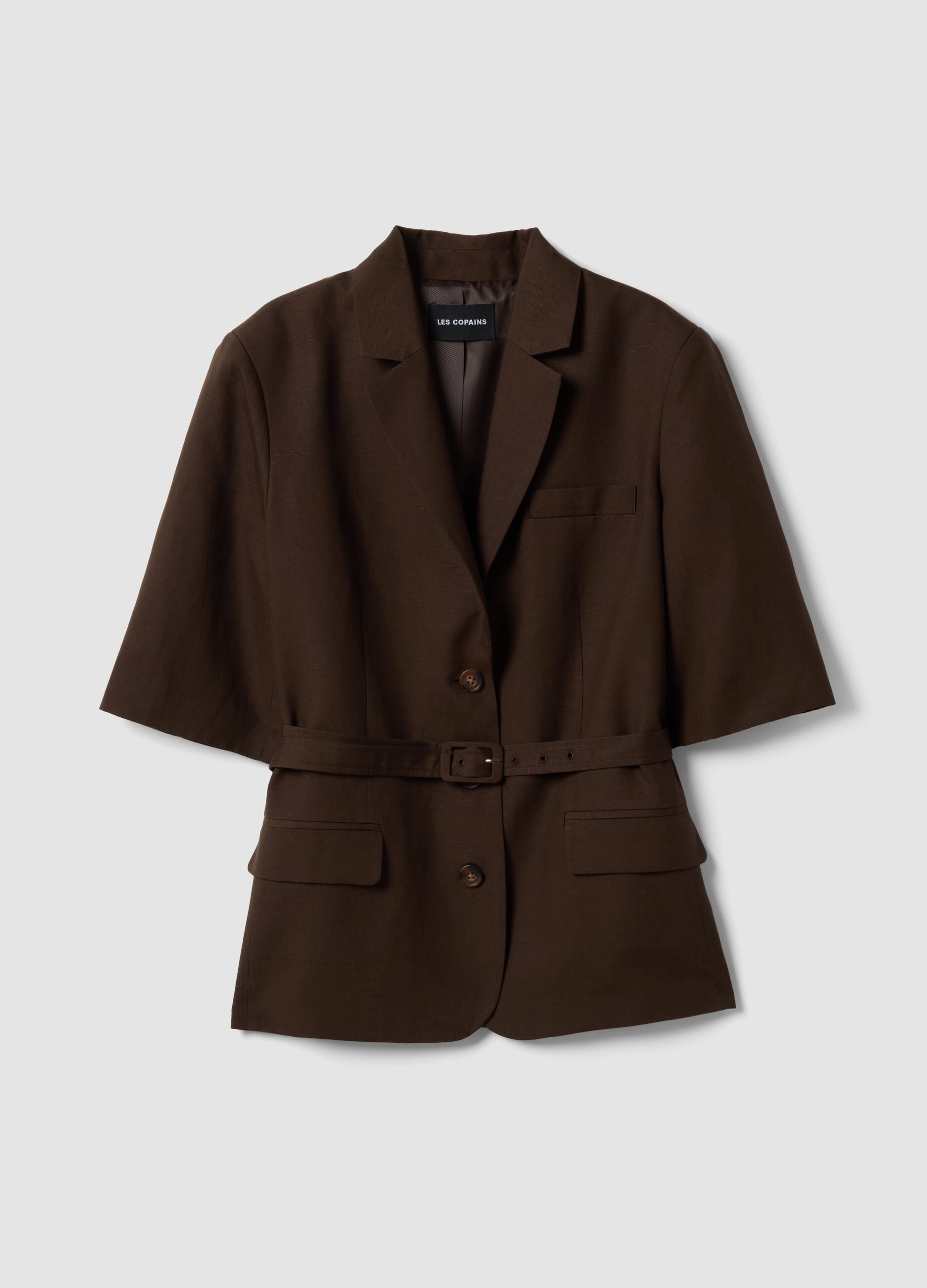 Brown regular fit lyocell and linen blend blazer with belt