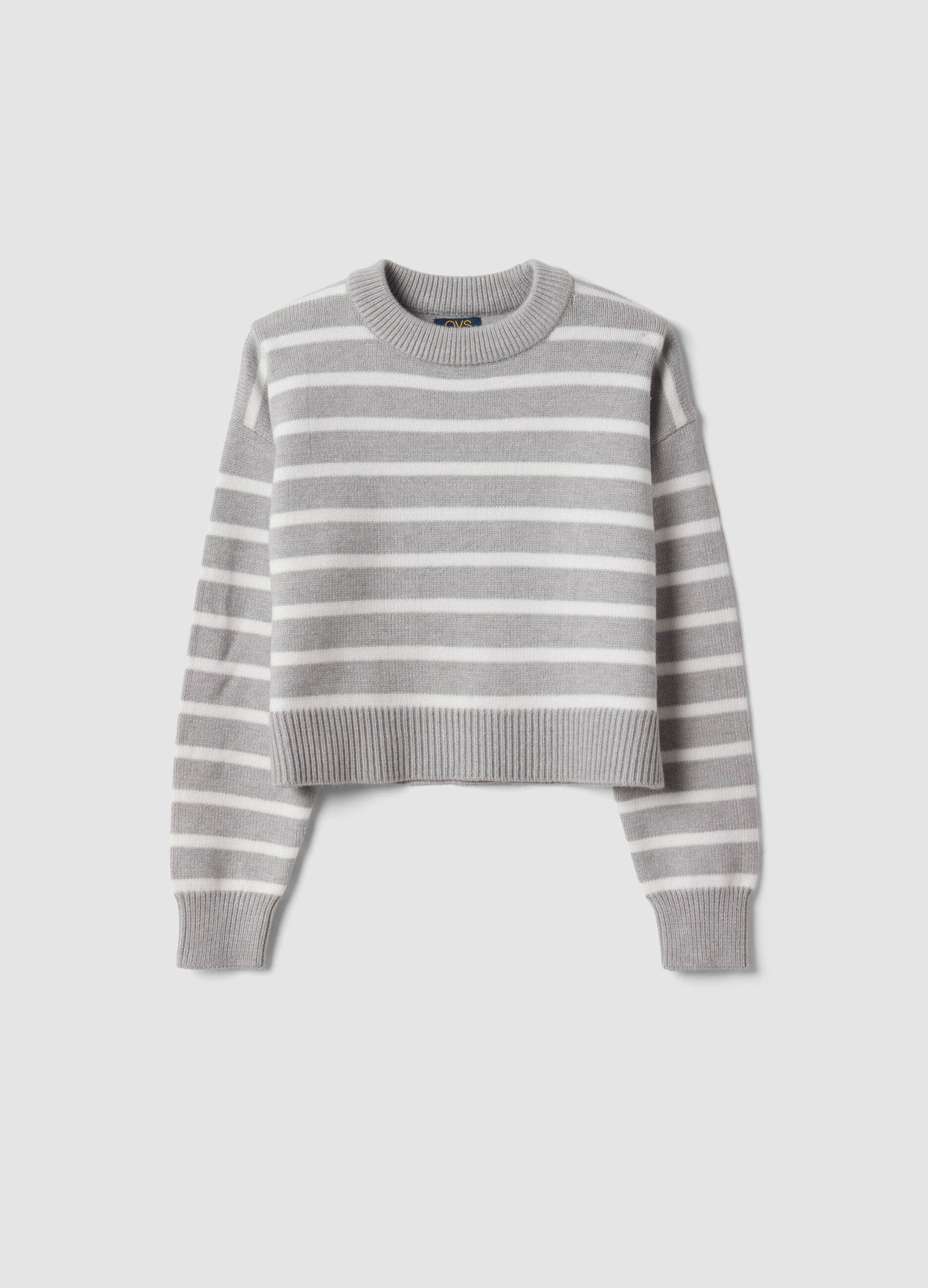 Grey striped viscose-blend crew-neck jumper