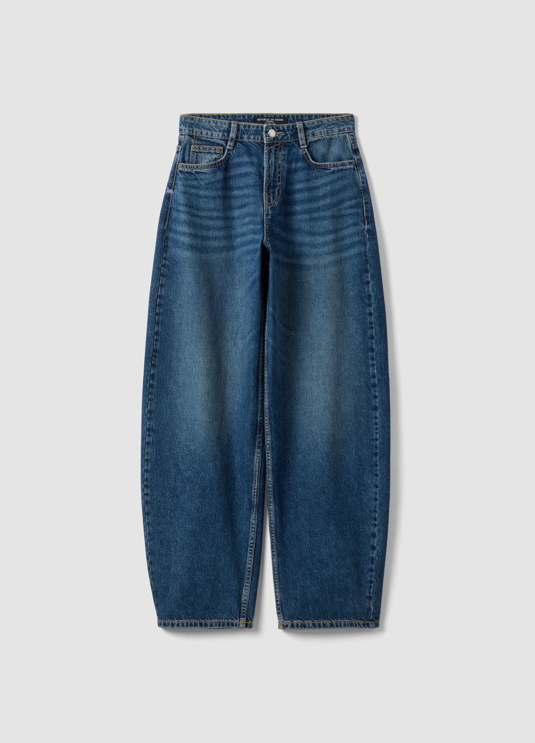 Dark blue pure cotton denim barrel-fit jeans