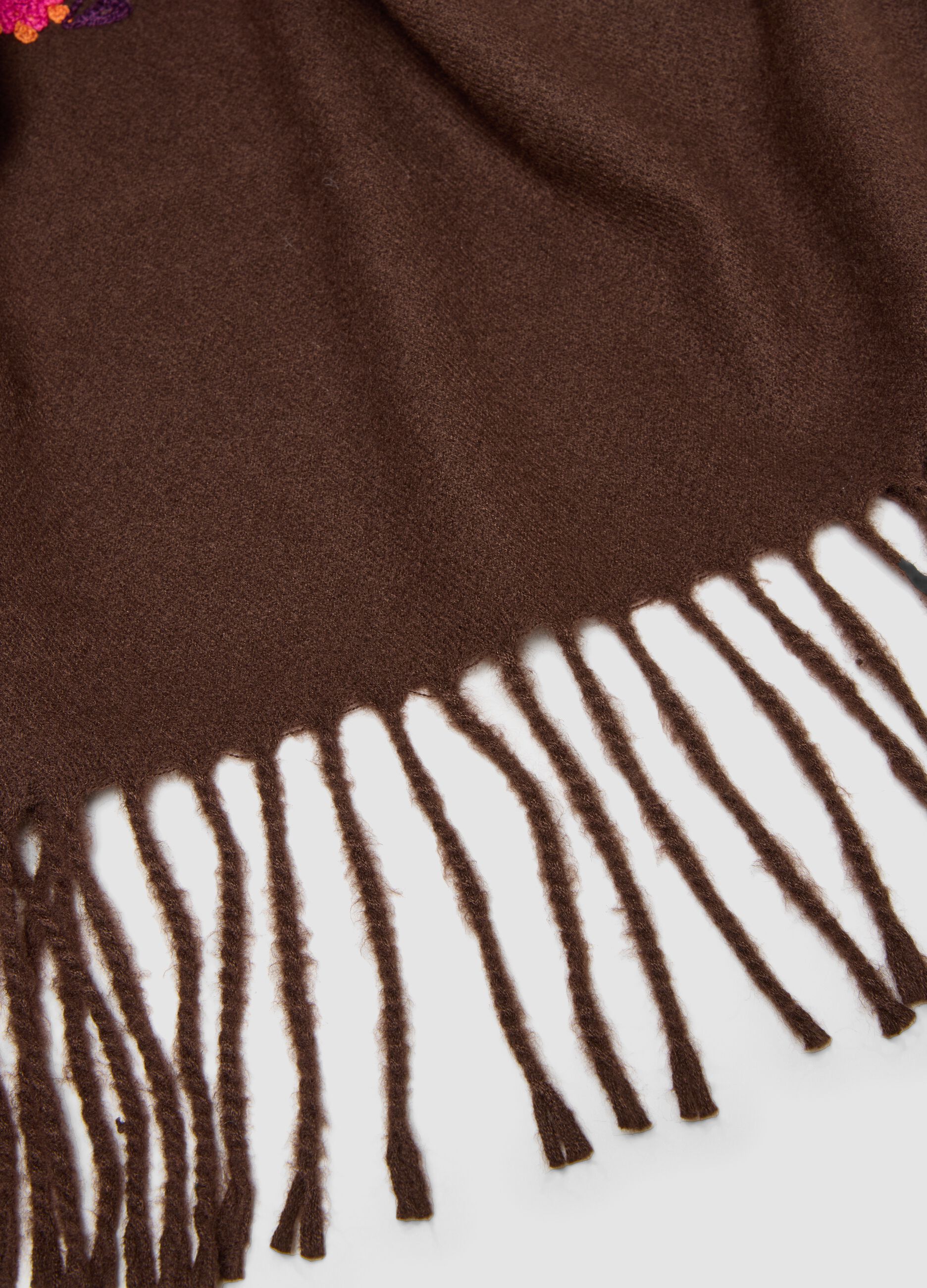 Brown viscose-blend scarf with embroidery and fringes