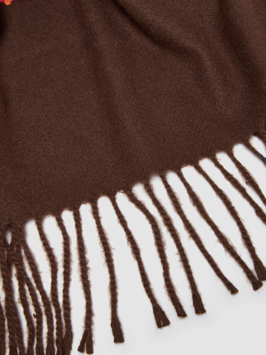 Brown viscose-blend scarf with embroidery and fringes_2