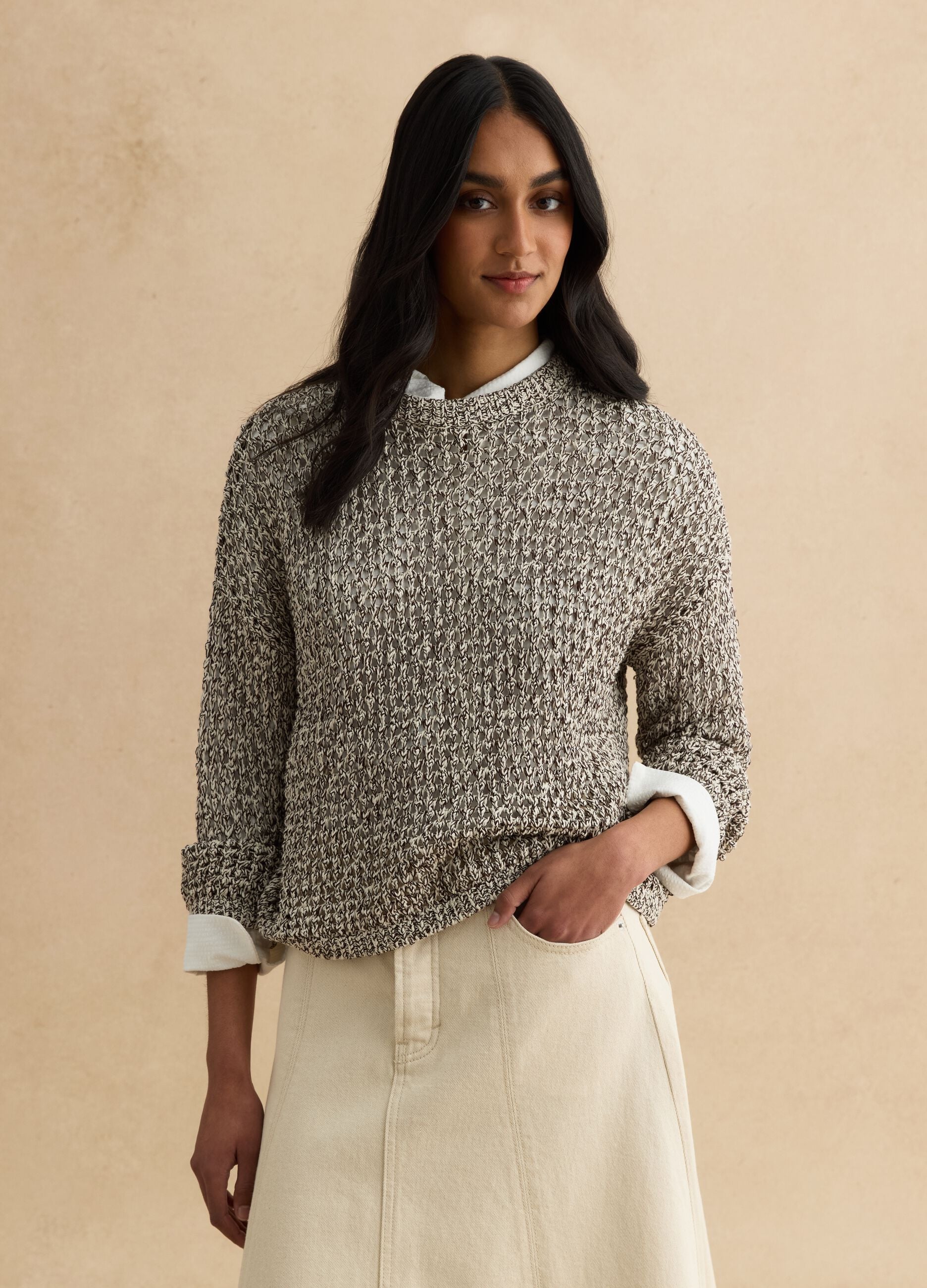 Multicolour cotton blend regular fit pullover with knitted design