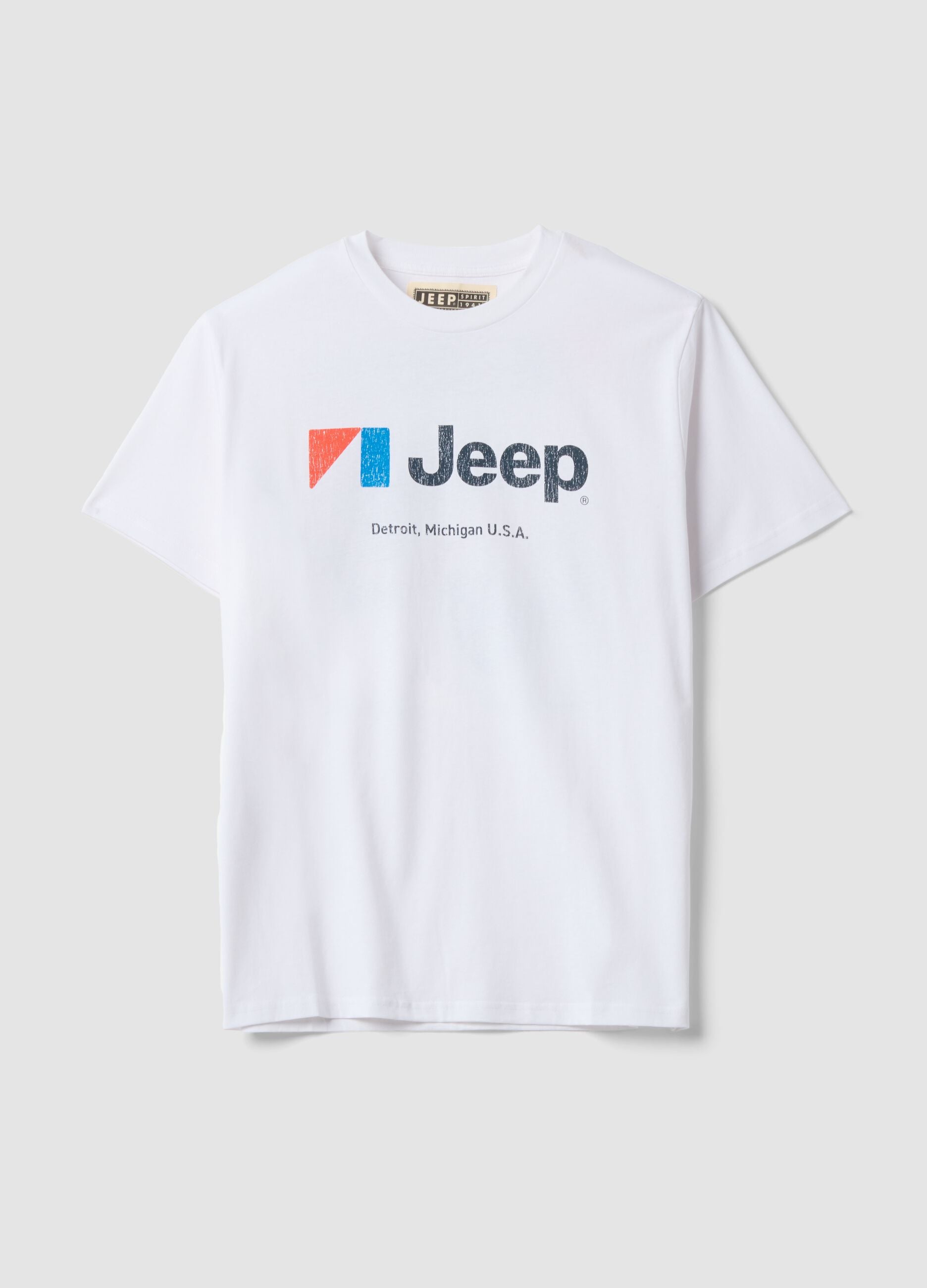 White pure cotton crew-neck T-shirt with Jeep print