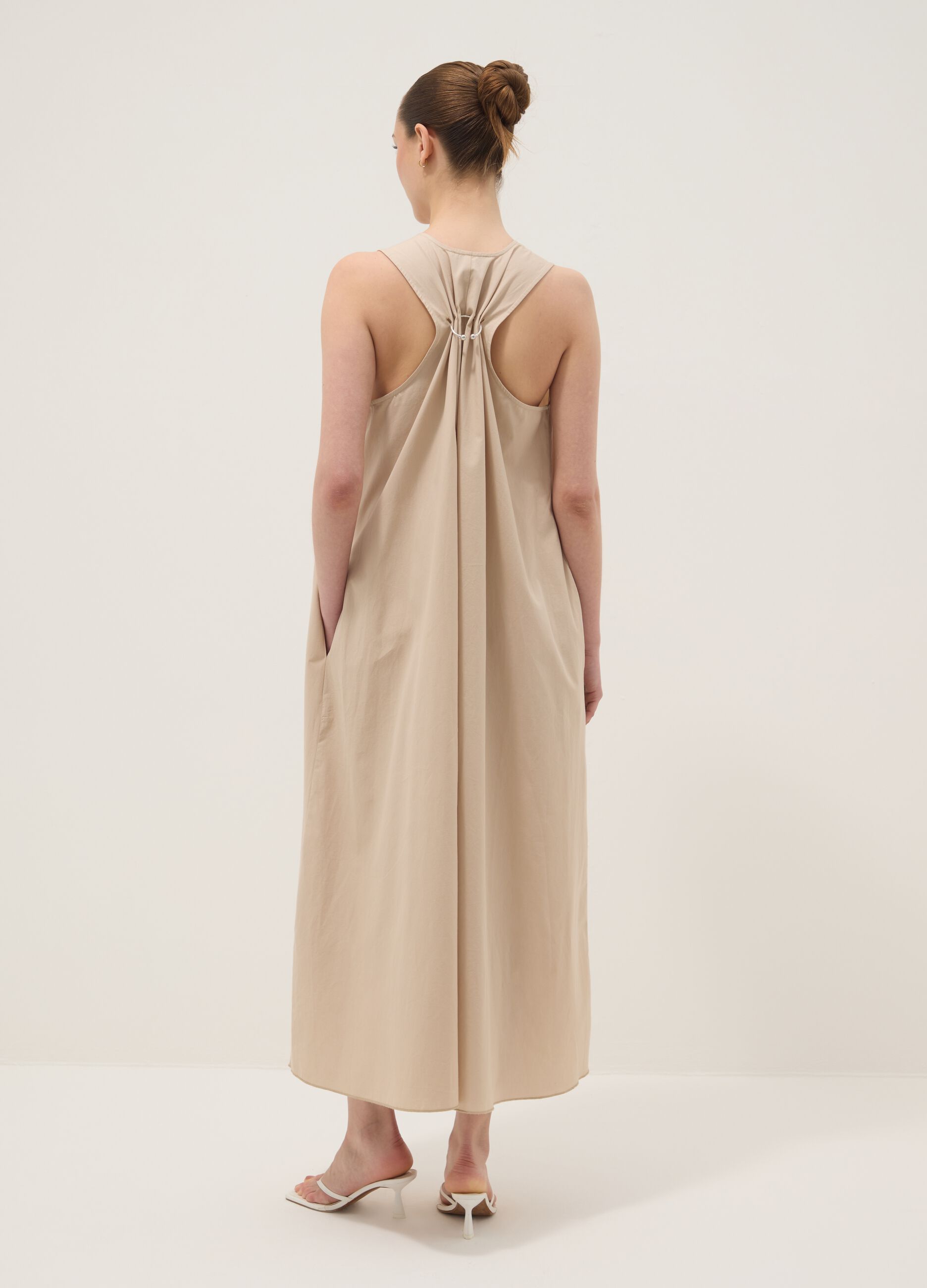 Beige midi dress in pure cotton with V-neck