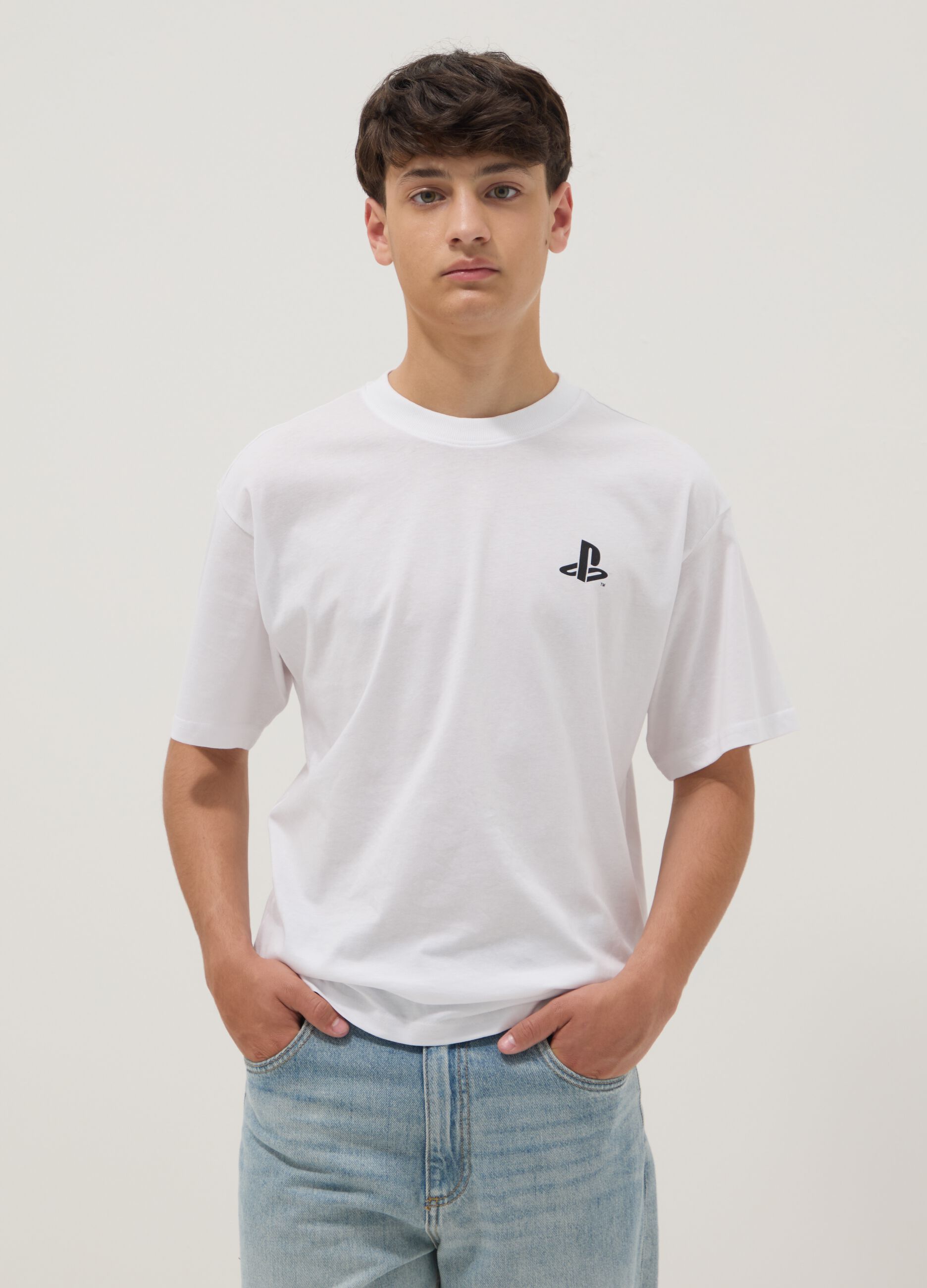 T-shirt bianca da ragazzo con logo Playstation in puro cotone relaxed fit