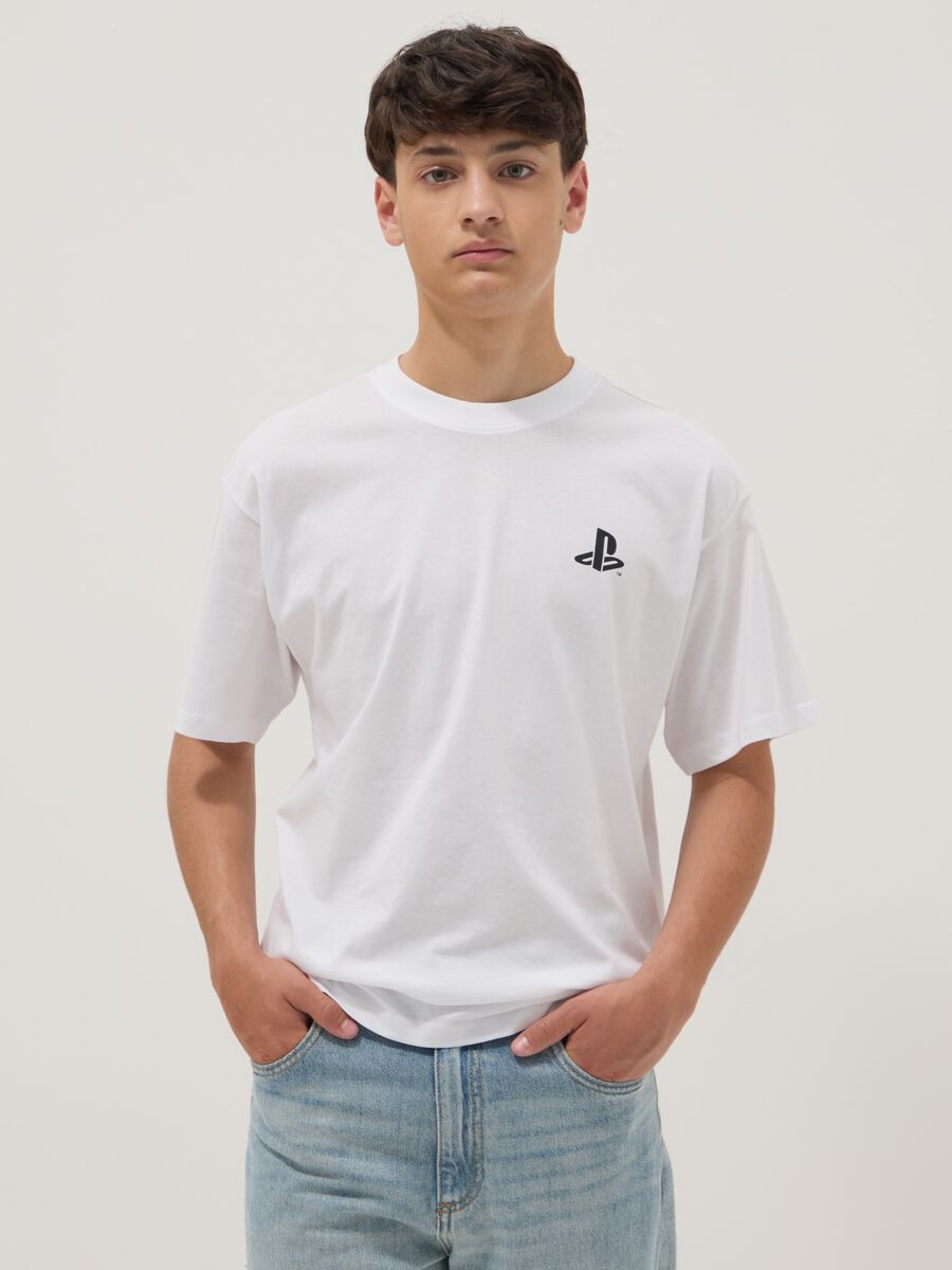 T-shirt bianca da ragazzo con logo Playstation in puro cotone relaxed fit_0