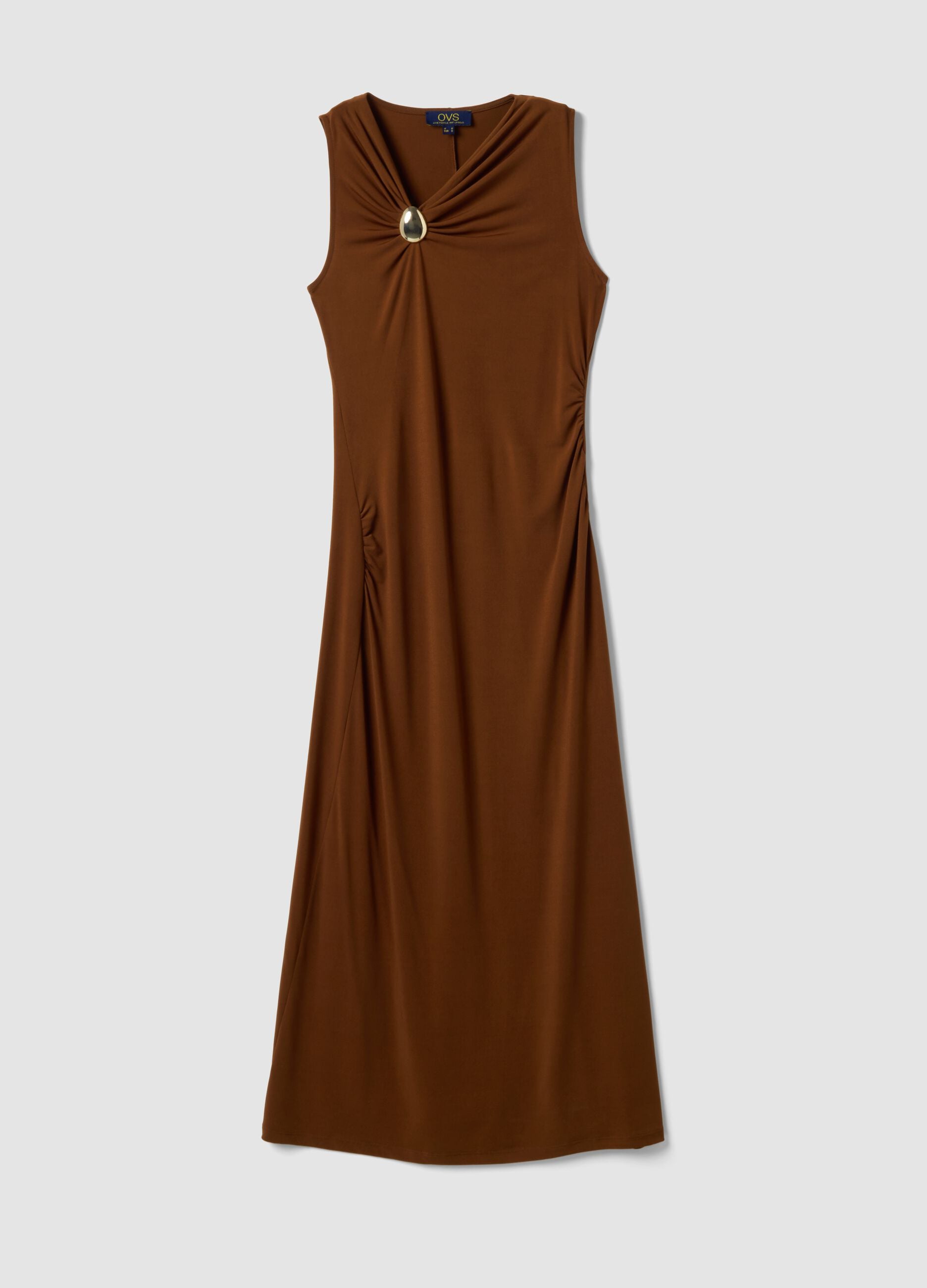 Brown sleeveless midi dress in stretch fabric