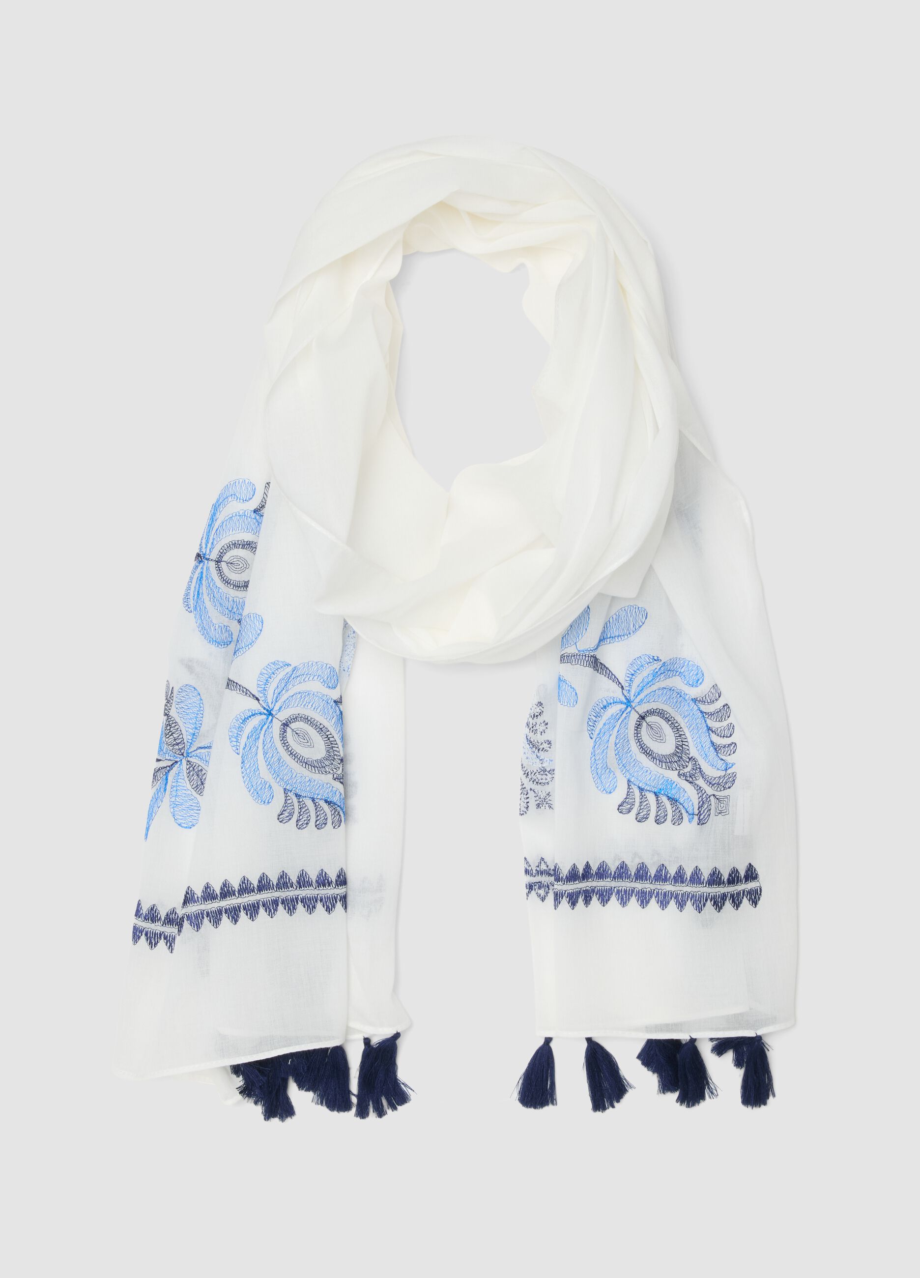 Foulard in puro cotone bianco con ricami floreali blu