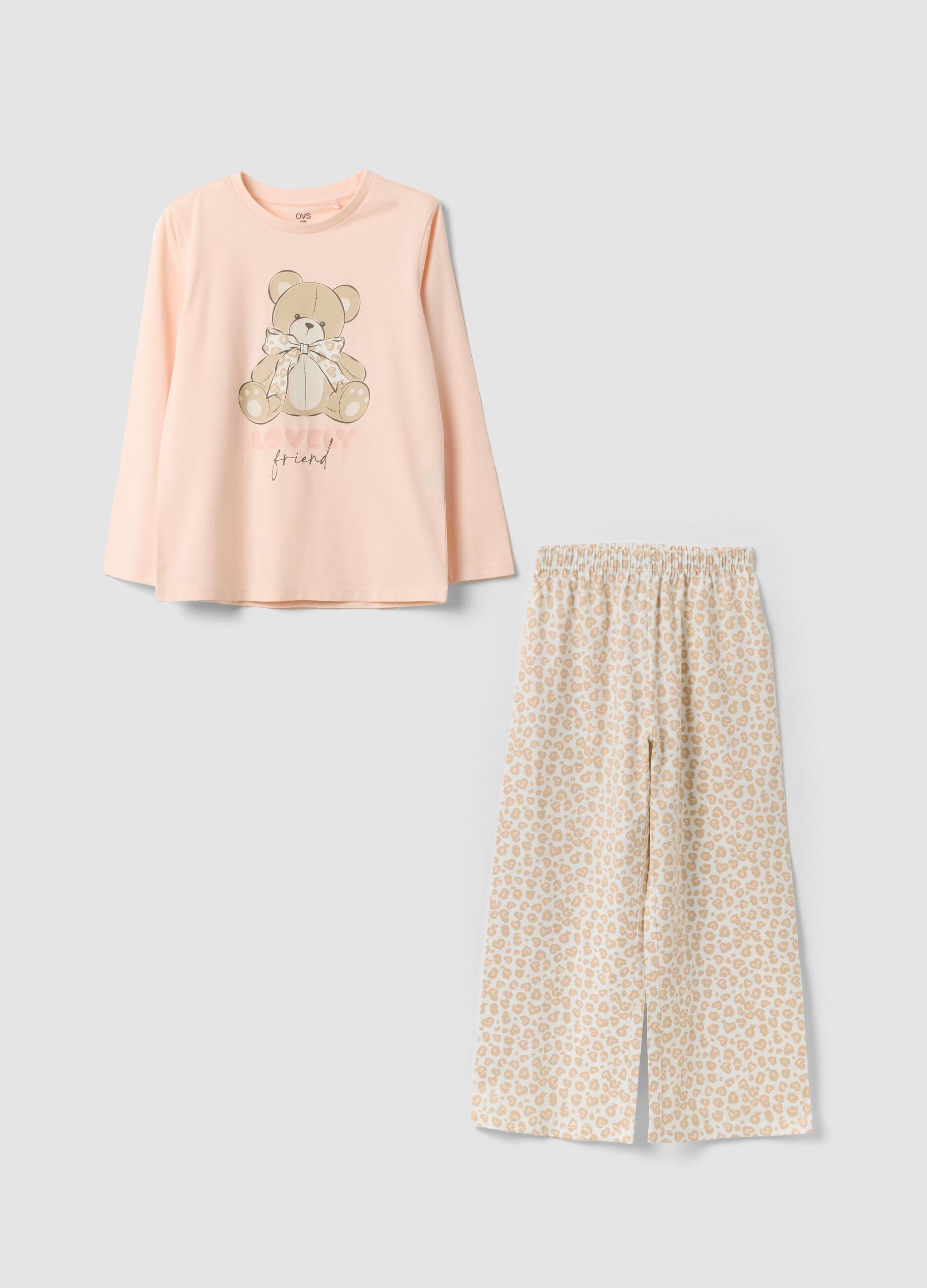 Pink organic cotton pyjamas with print and patterned trousers