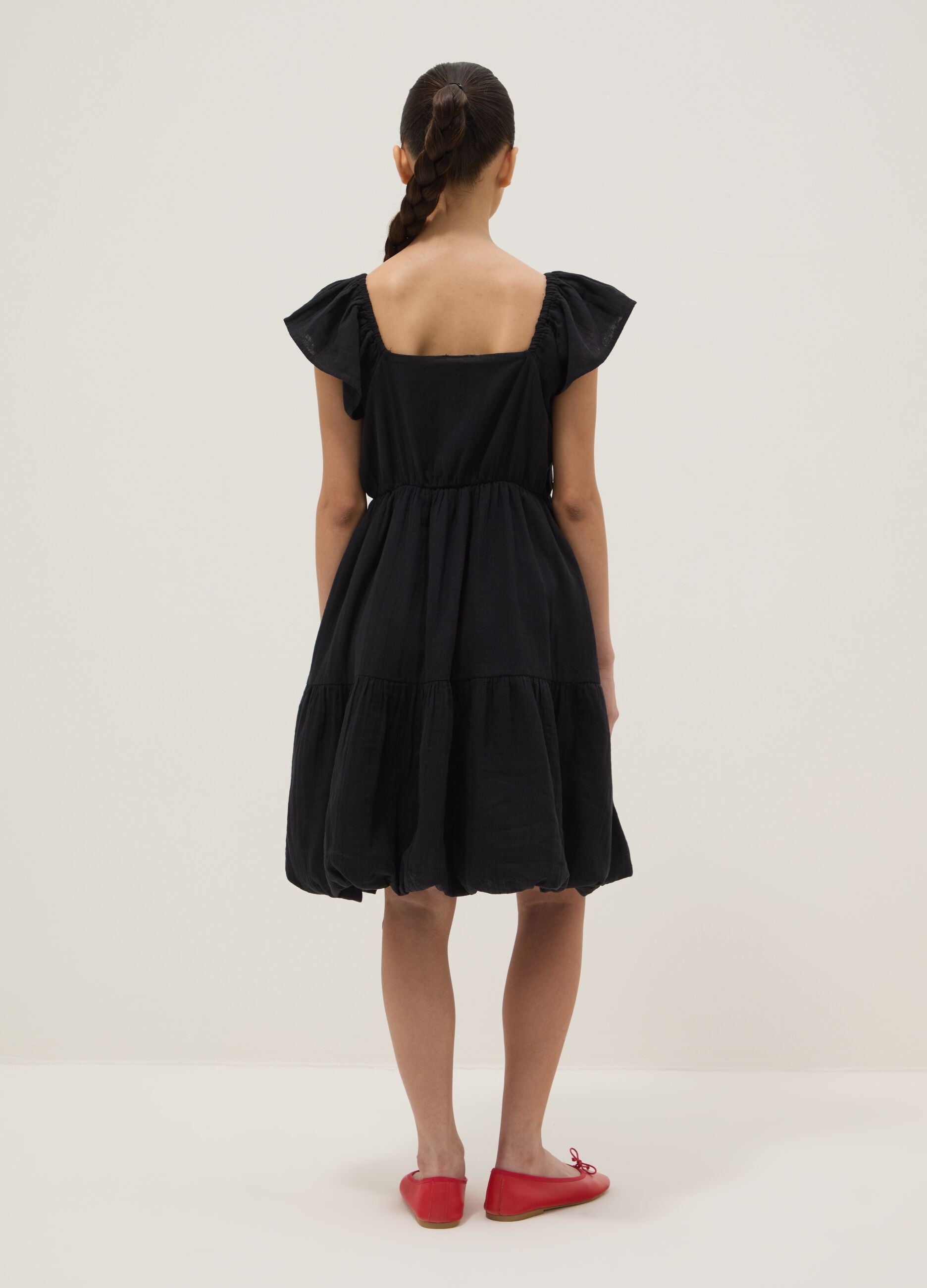 Black pure cotton boat-neck dress, wide fit