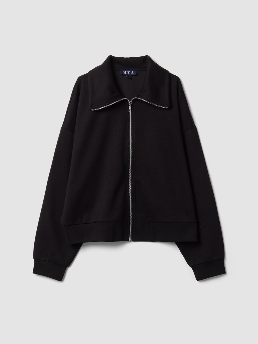 Black full-zip stretch viscose sweatshirt with collar_0