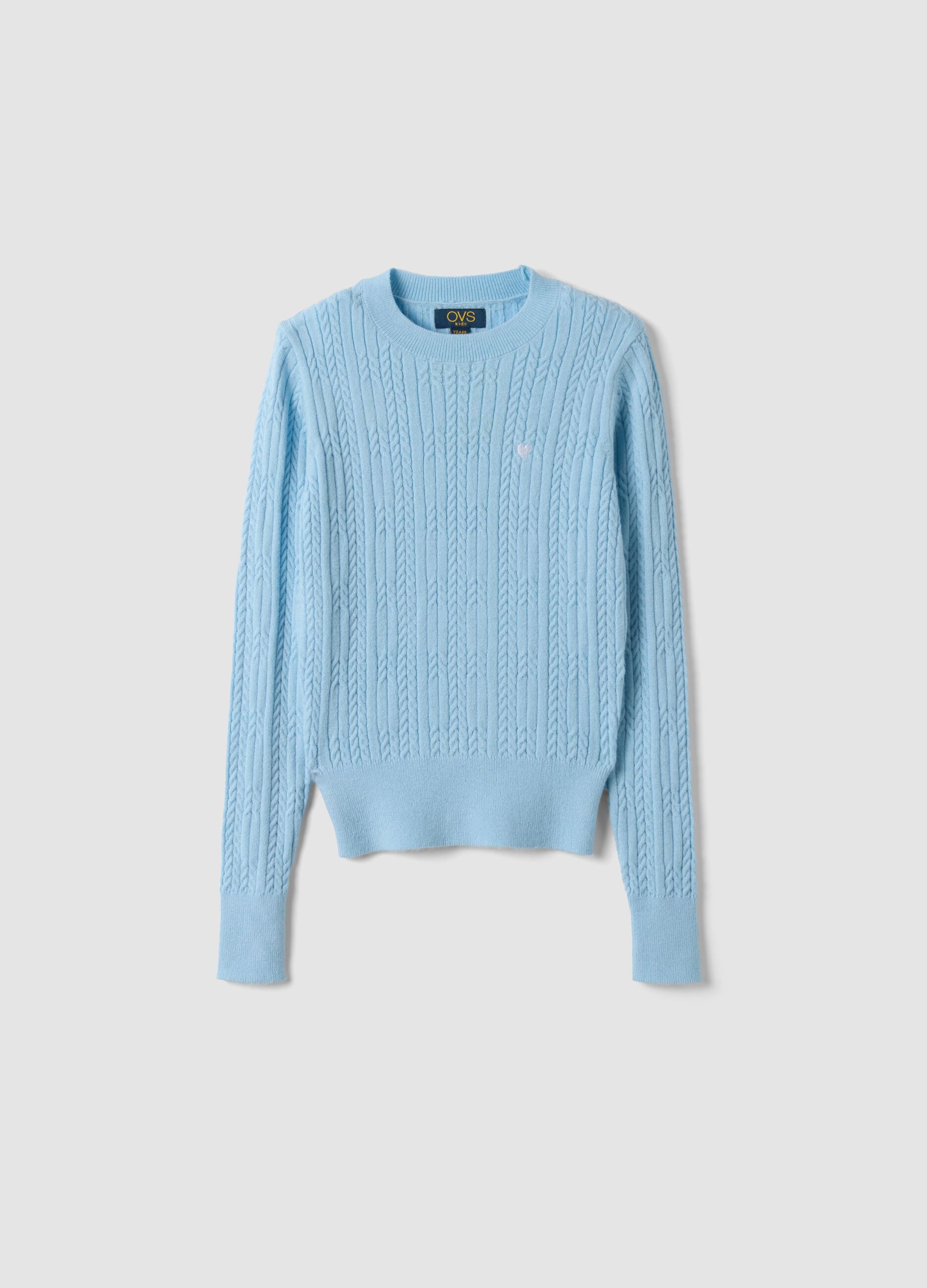 Sky-blue fitted viscose-blend cable-knit crew-neck jumper for girls
