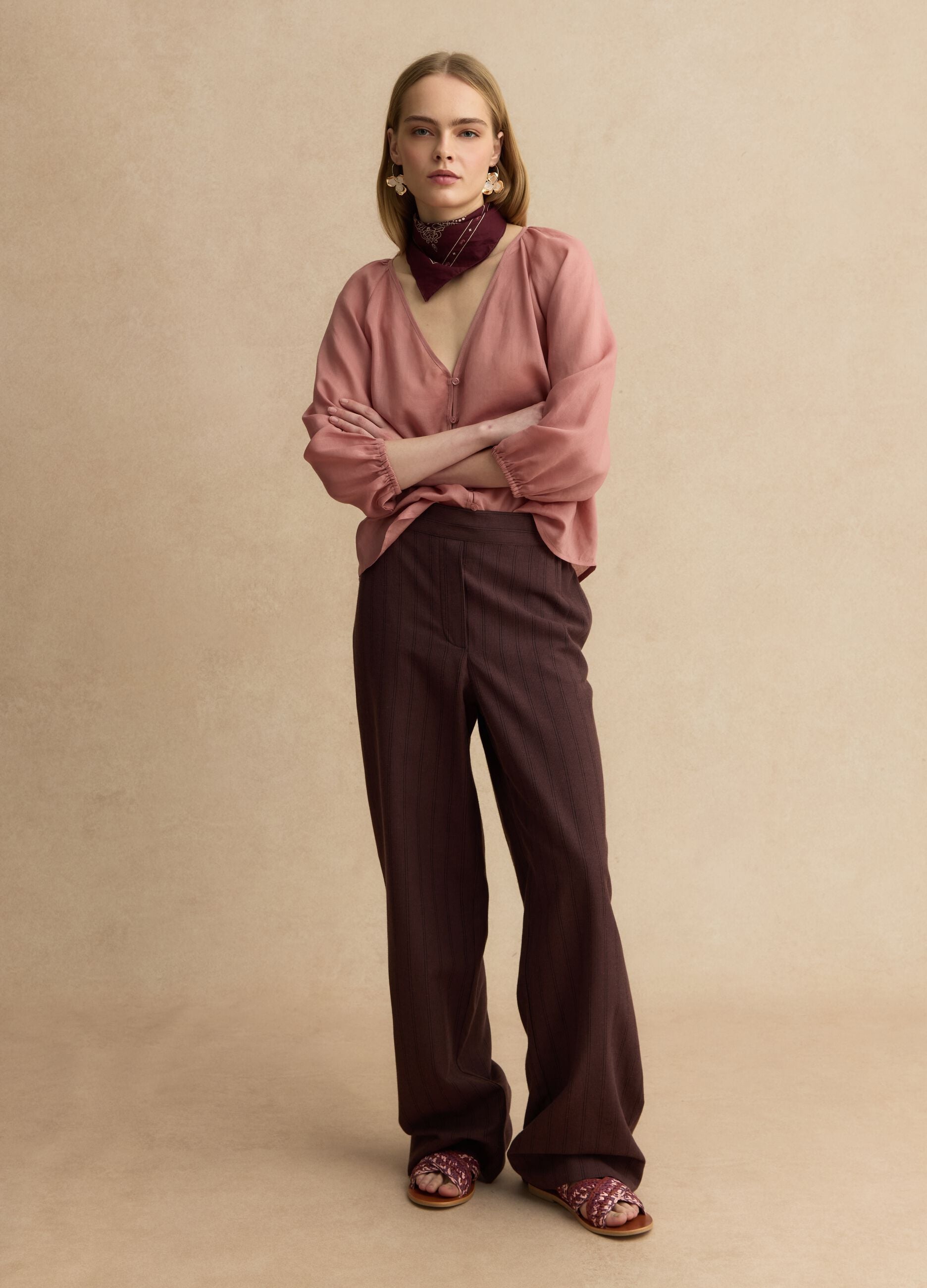 Brown wide leg striped viscose blend trousers