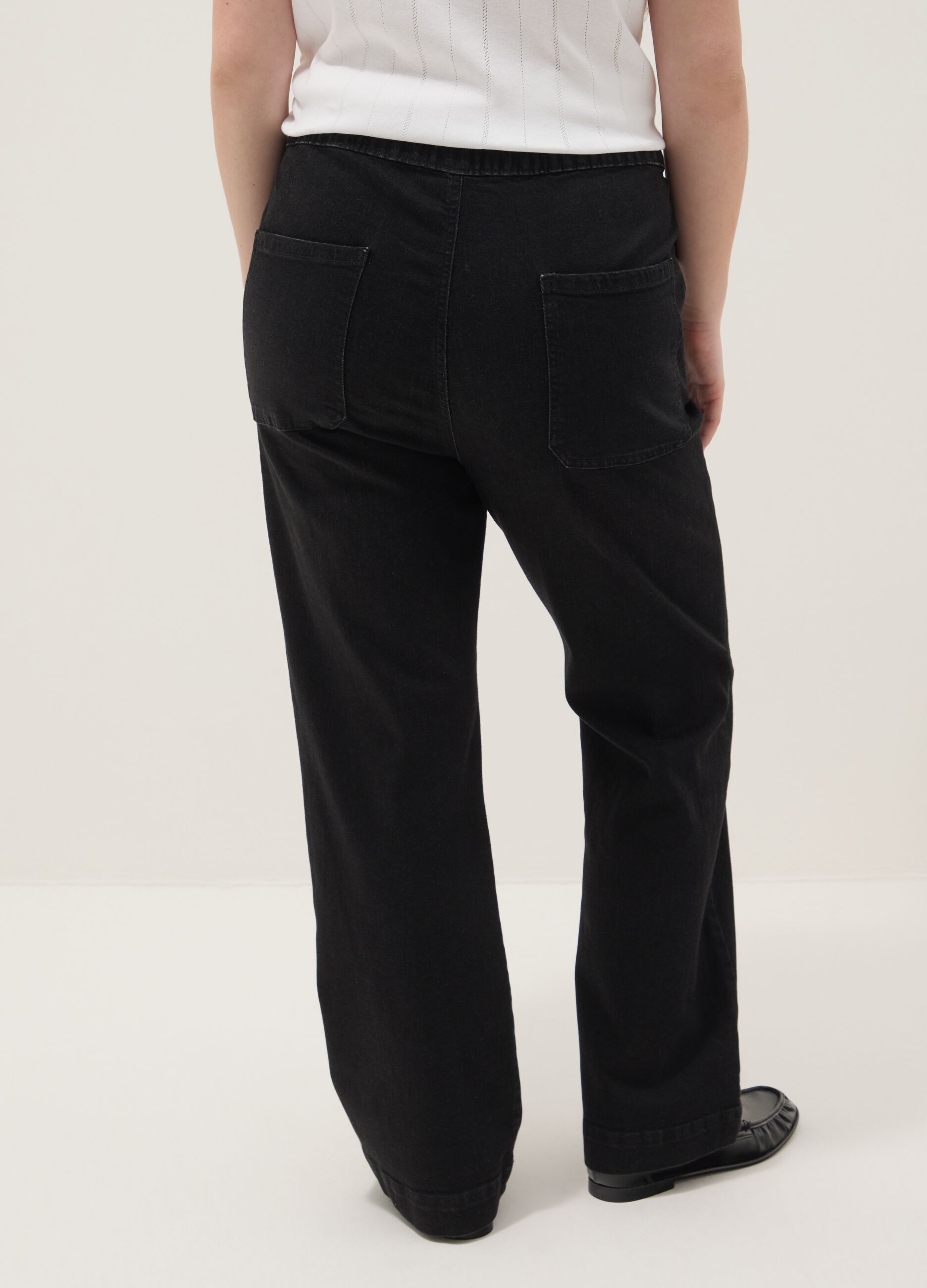 Black stretch cotton wide leg jeans