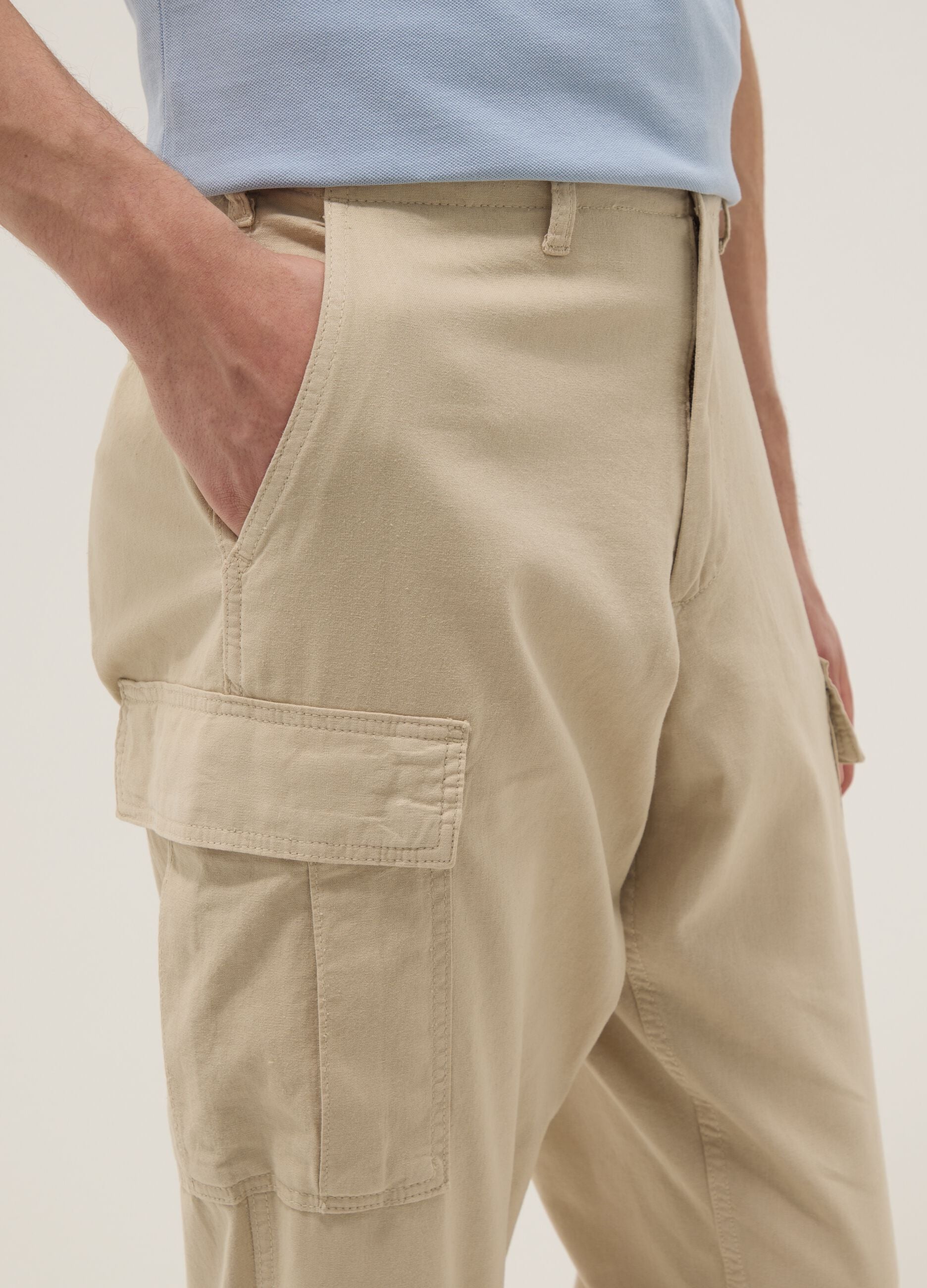 Beige linen-blend regular-fit cargo trousers