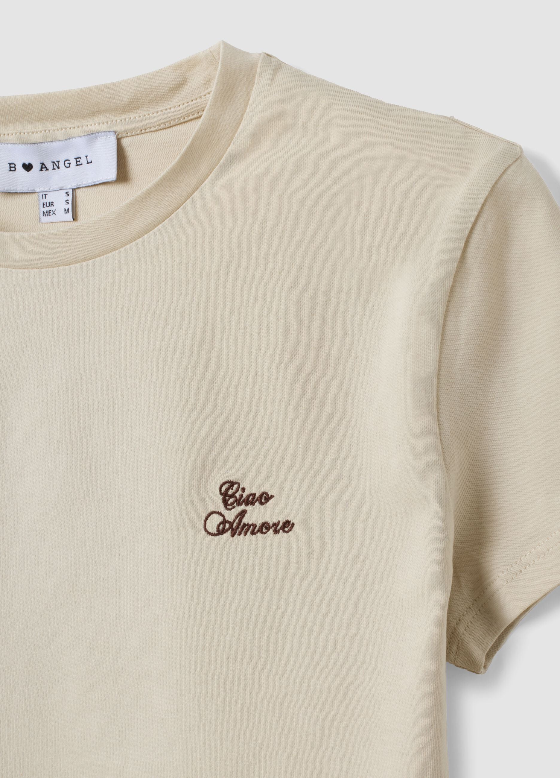 Beige pure cotton cropped T-shirt with crew neck and print