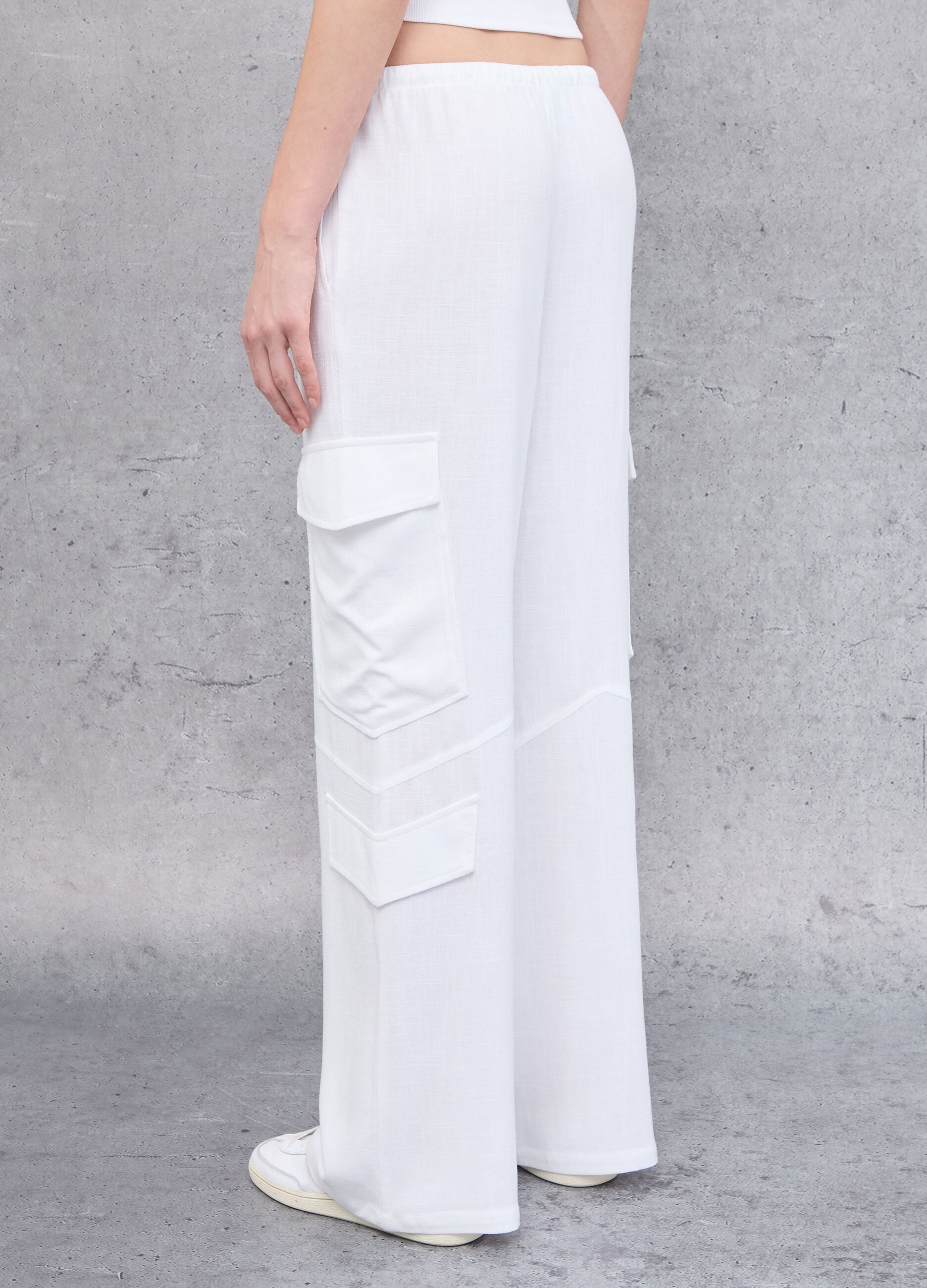 White Linen Wide-Leg Cargo Trousers
