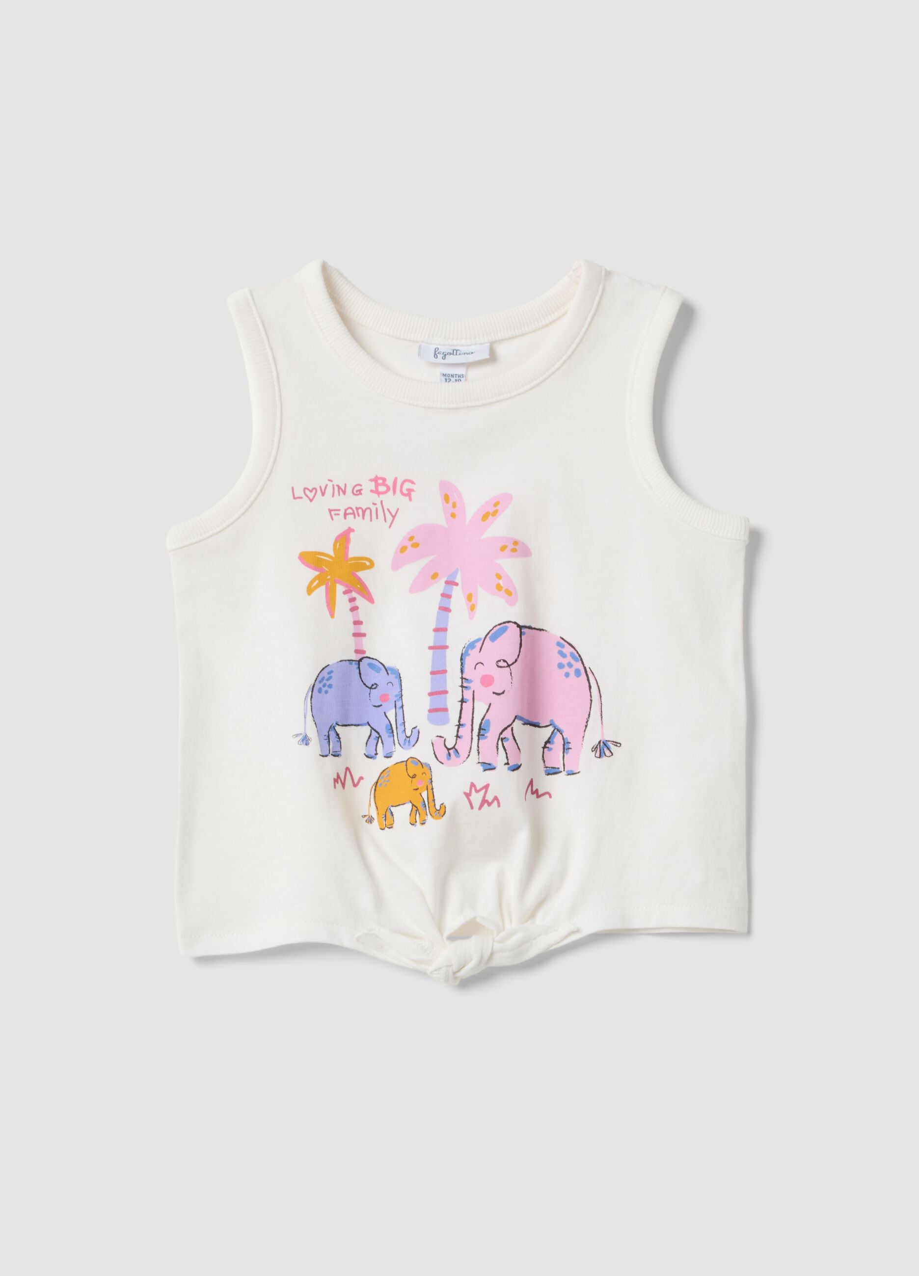 White organic cotton vest top with print and knot detail
