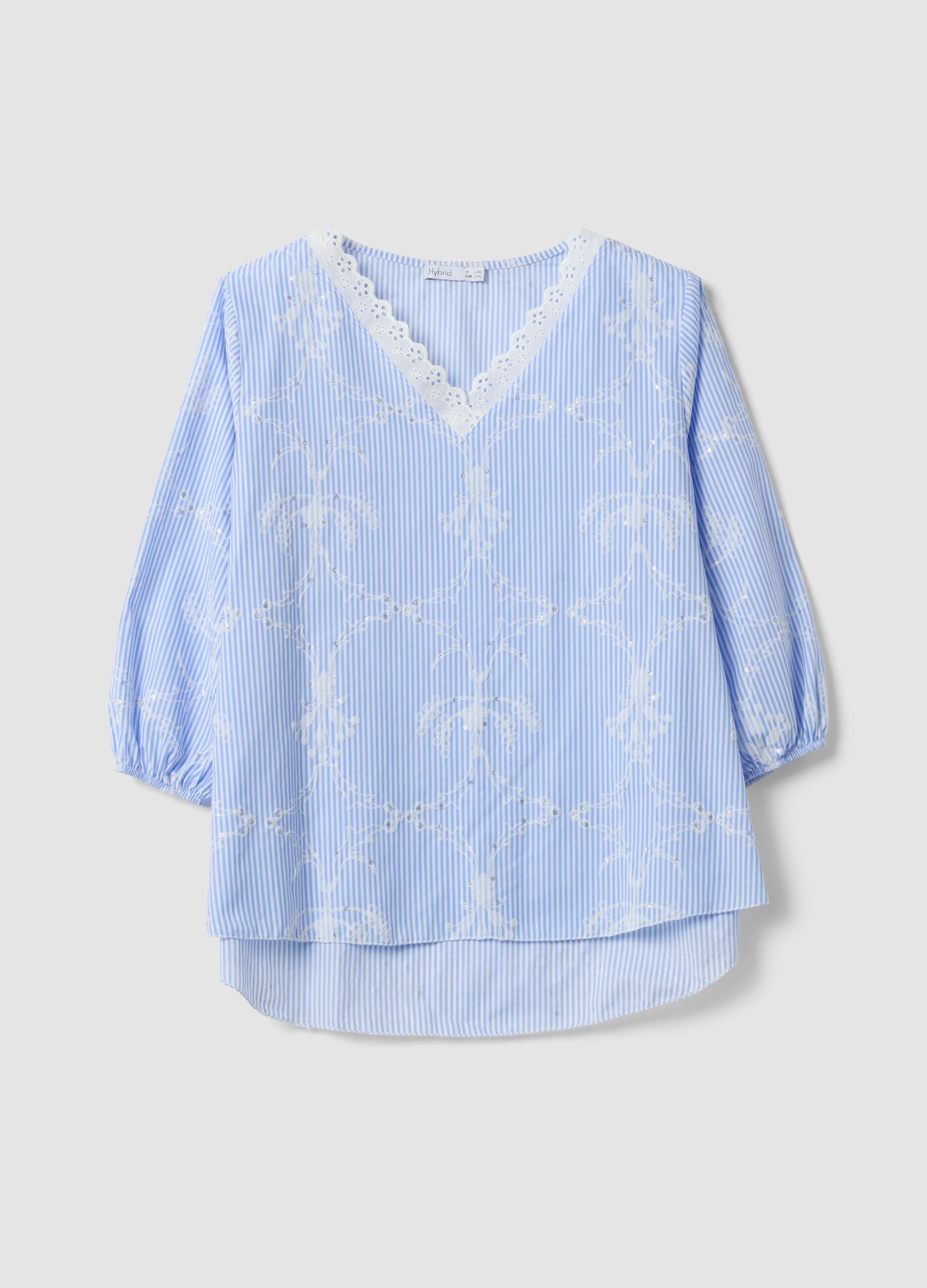 Blue cotton-blend top with embroidery and V-neck