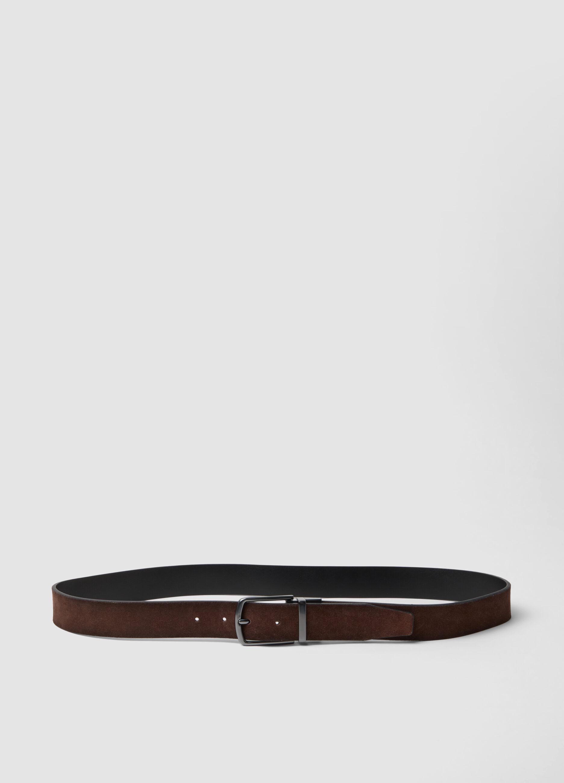 Reversible brown genuine leather belt with metal buckle