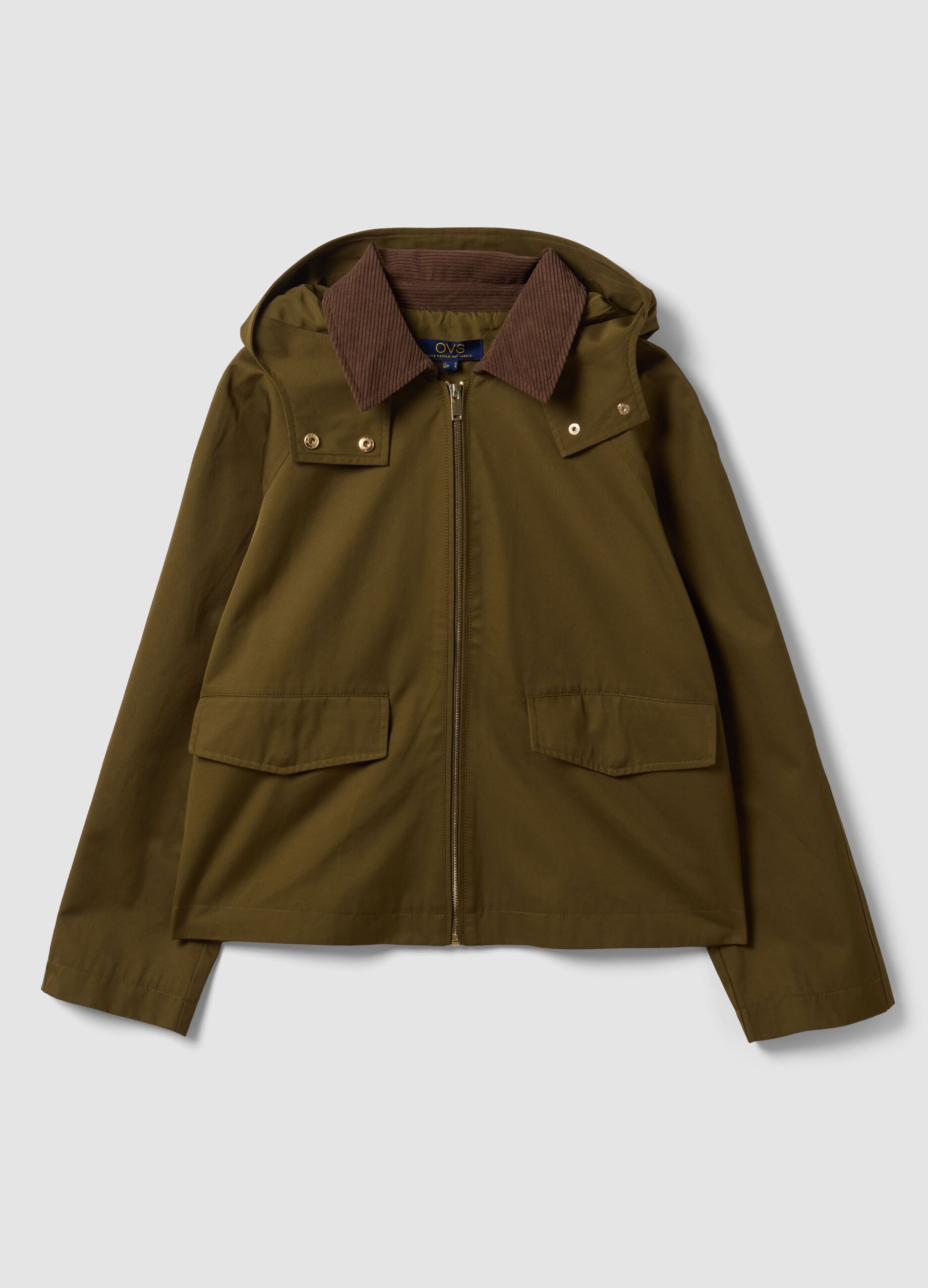 Green cotton-blend parka jacket with hood and ribbed collar