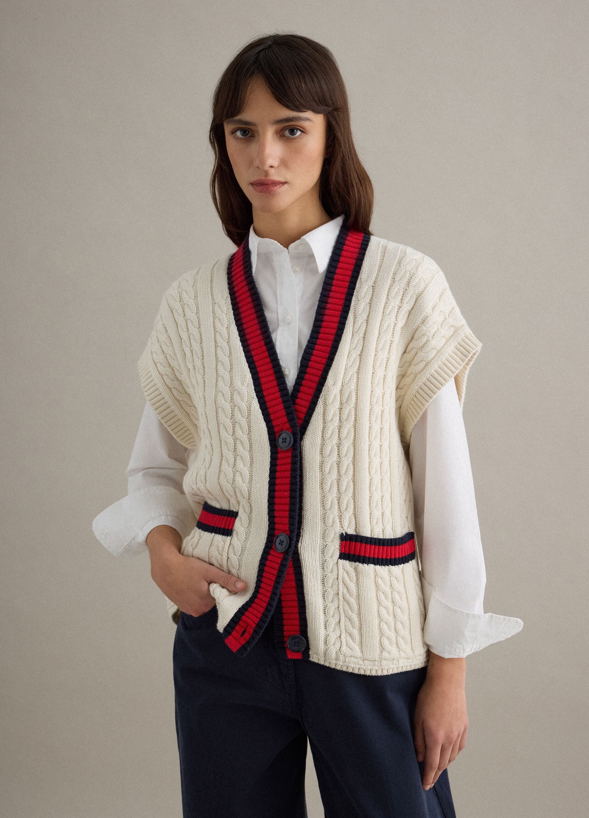 Multicolour pure cotton oversize fit deep V-neck waistcoat