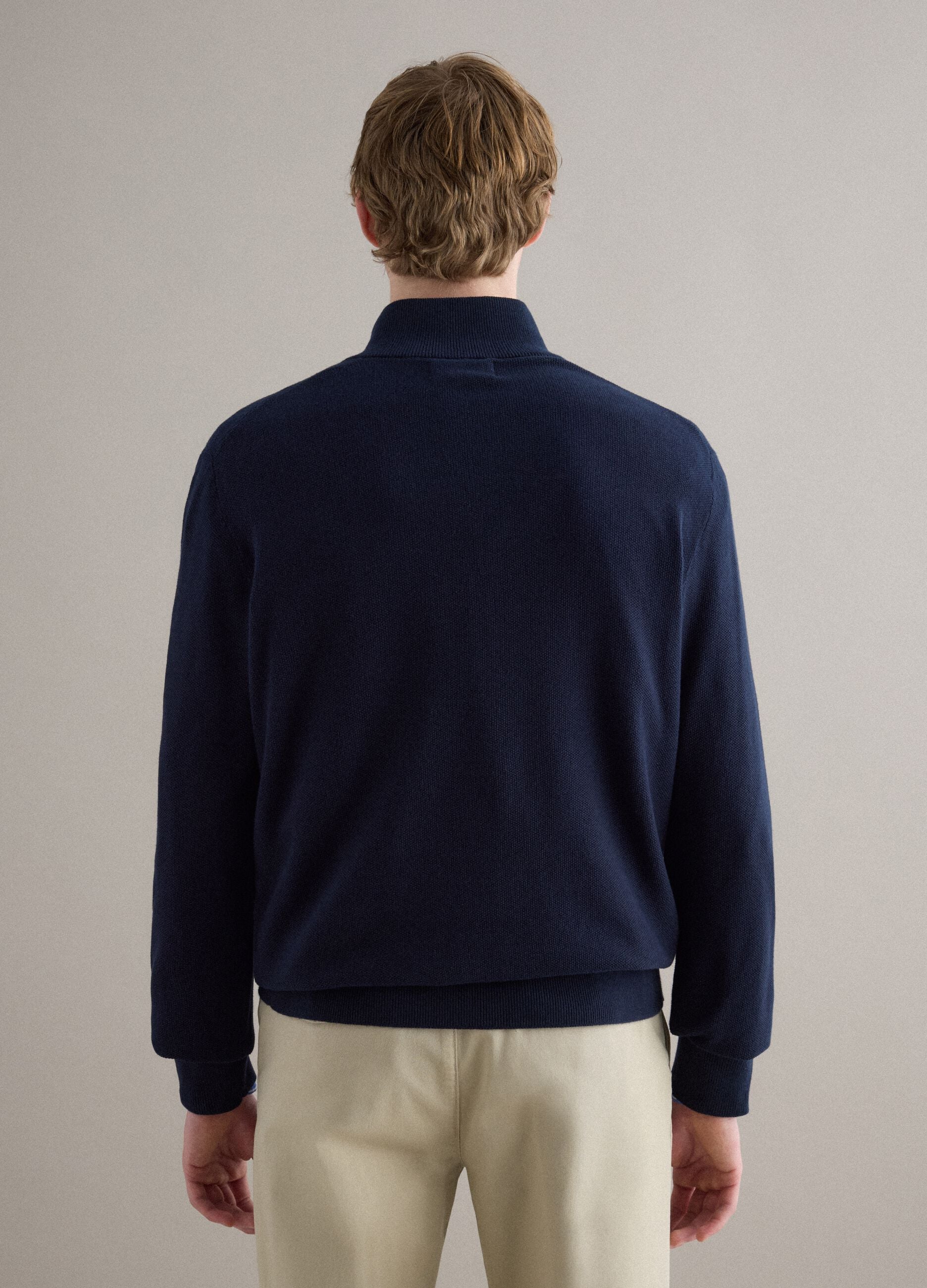 Pure cotton blue regular fit sweater with high neck and zip