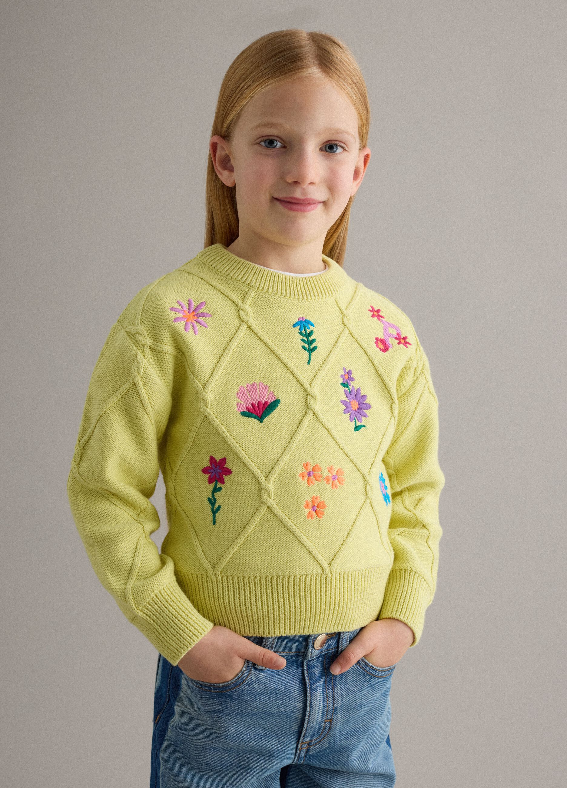 Girls' Yellow Pure Cotton Jumper Regular Fit with Floral Embroidery
