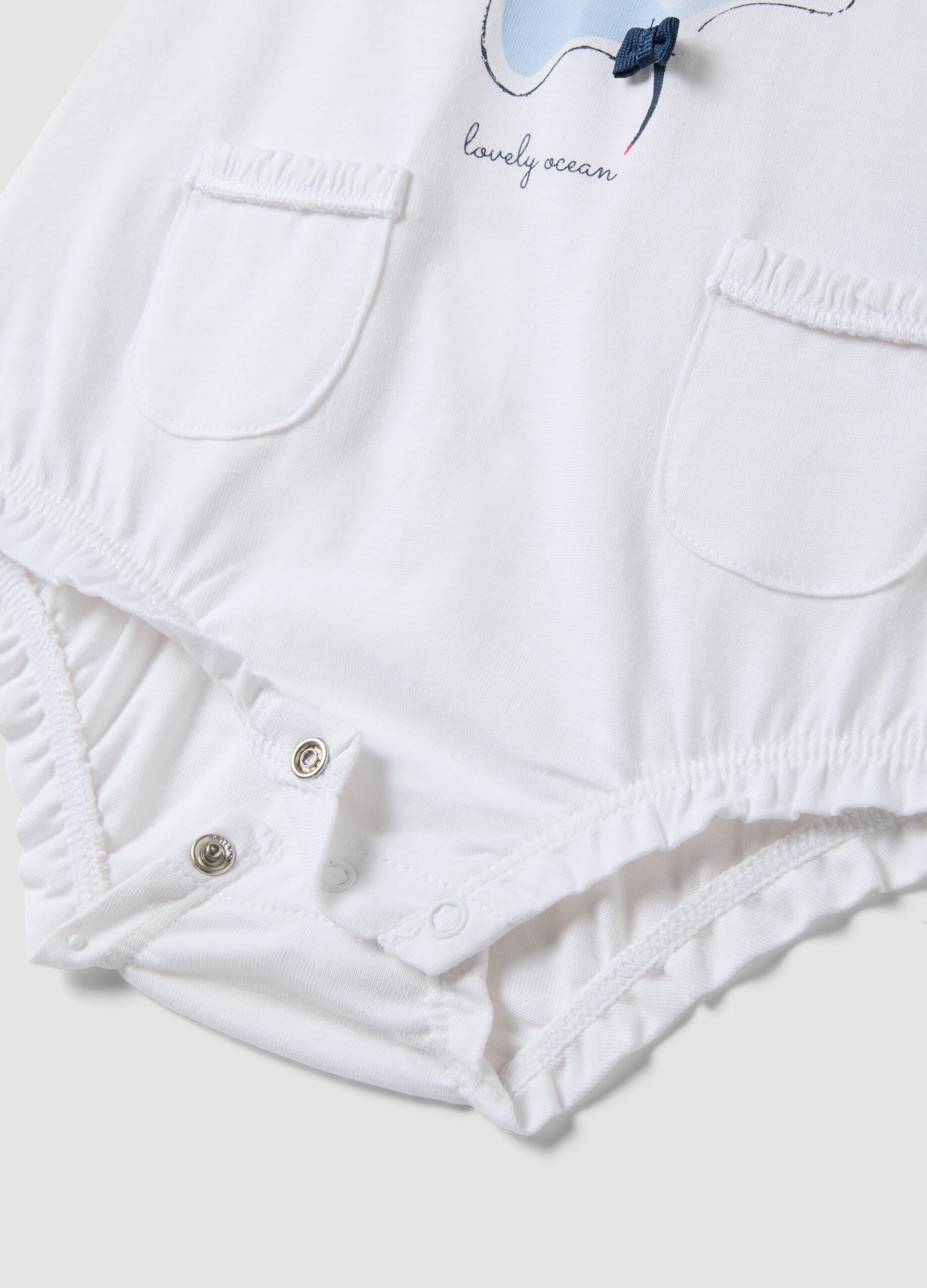 Sleeveless white pure cotton baby romper with fish