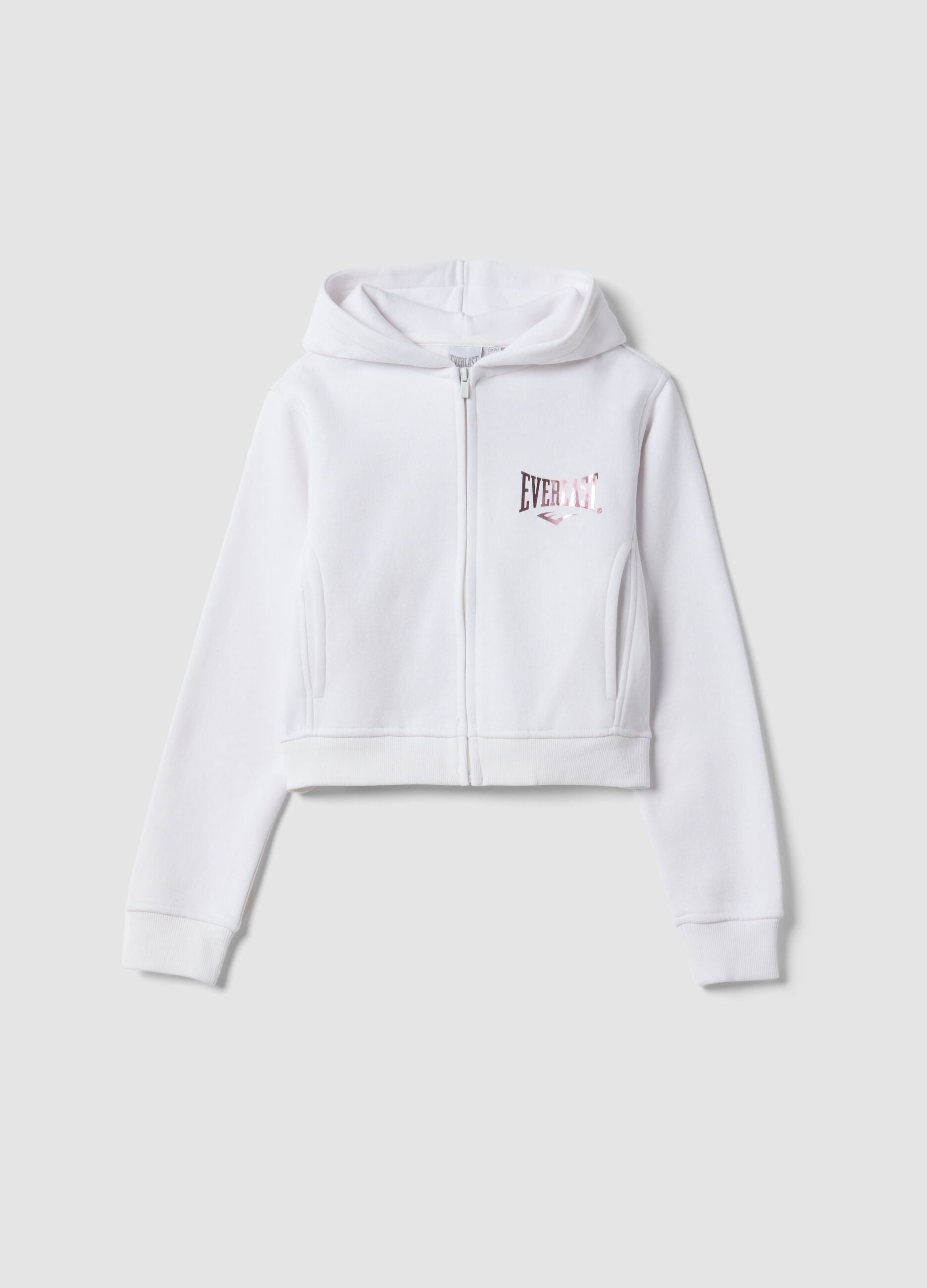 White hooded zip-up sweatshirt in cotton blend for girls, regular fit