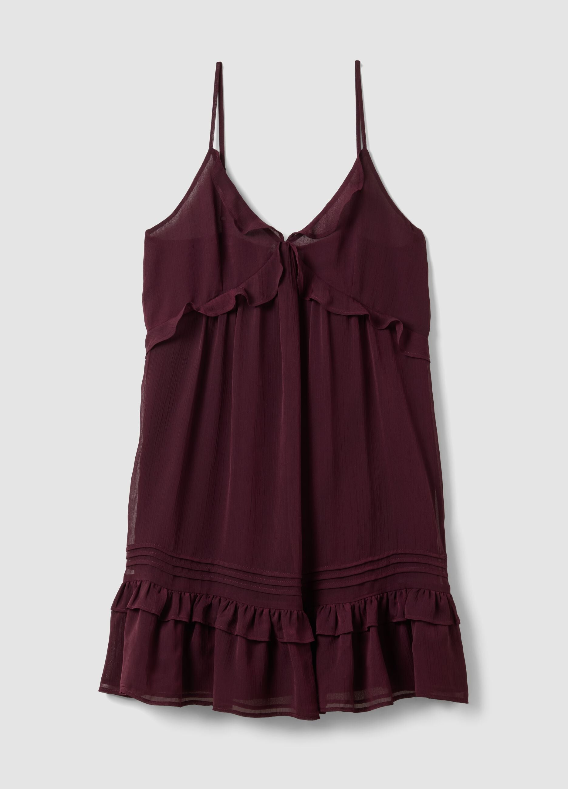 Purple mini dress with ruffles and plunging neckline