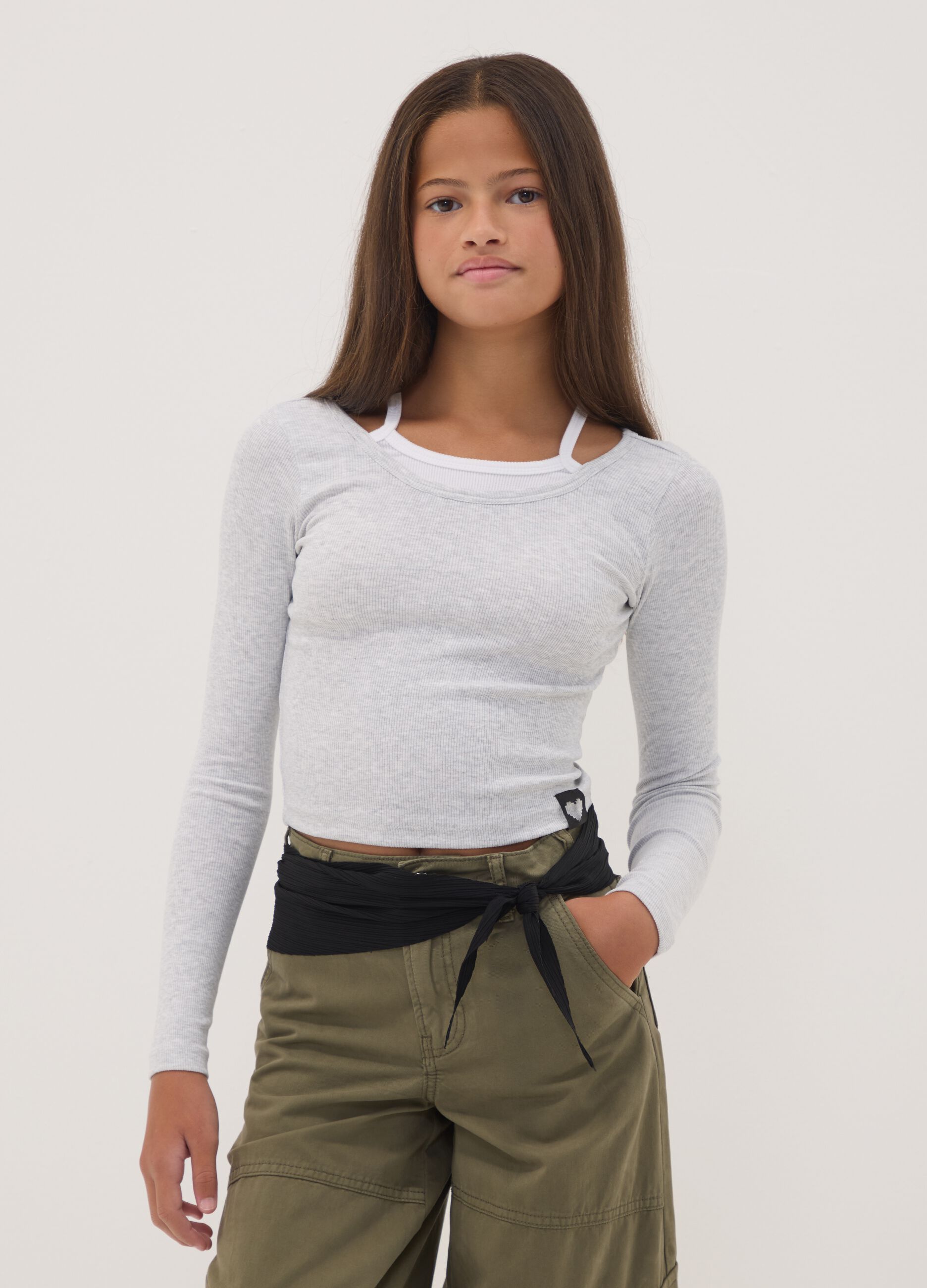 Grey stretch-cotton T-shirt with slim-fit straps