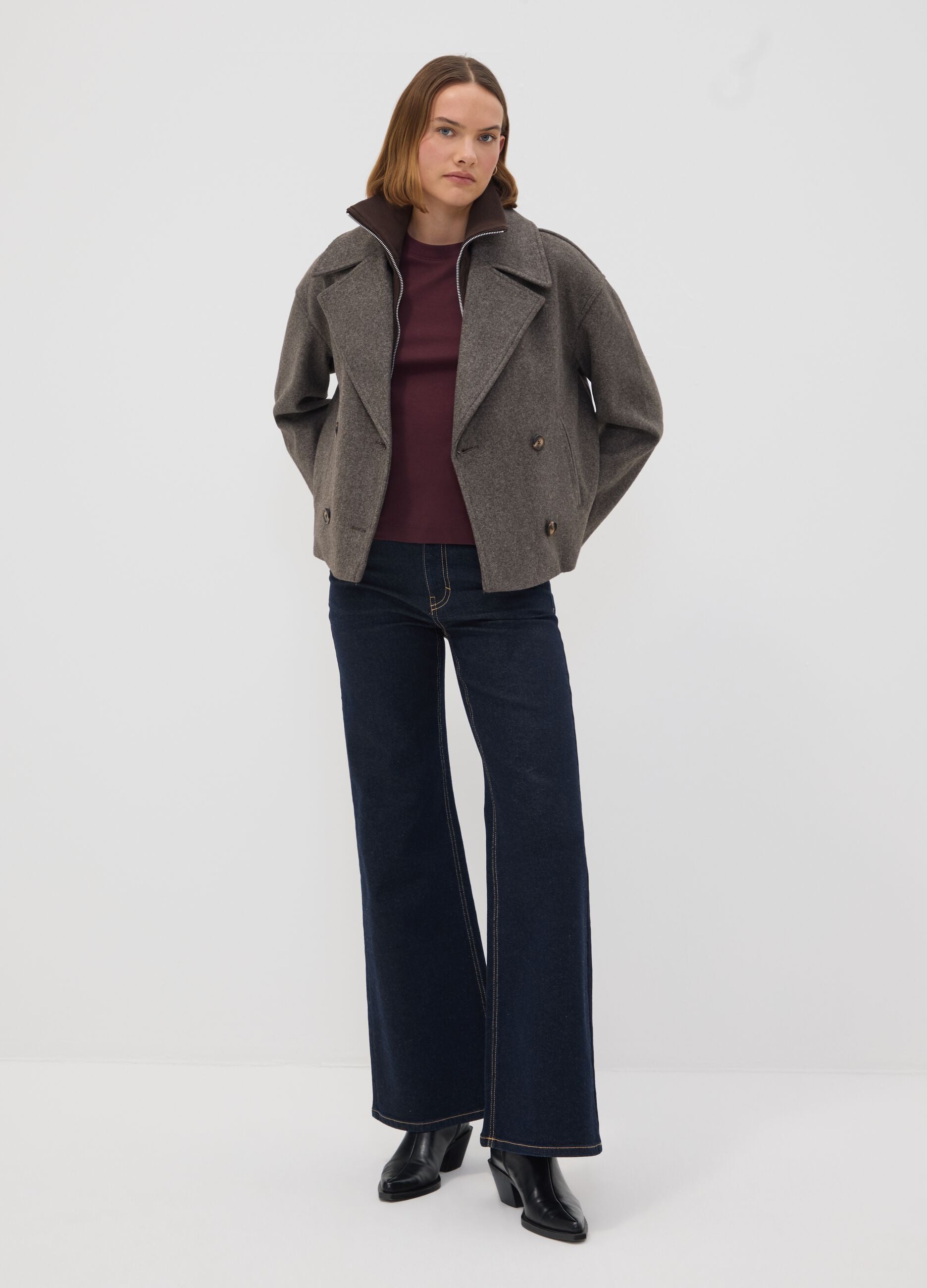 Grey double-breasted regular-fit jacket with zip and buttons