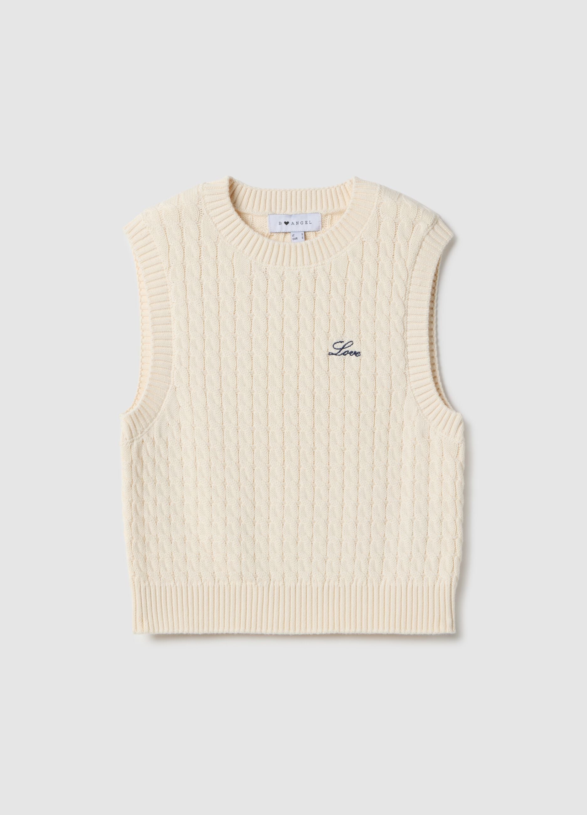 Beige pure cotton regular fit waistcoat with cable knit design