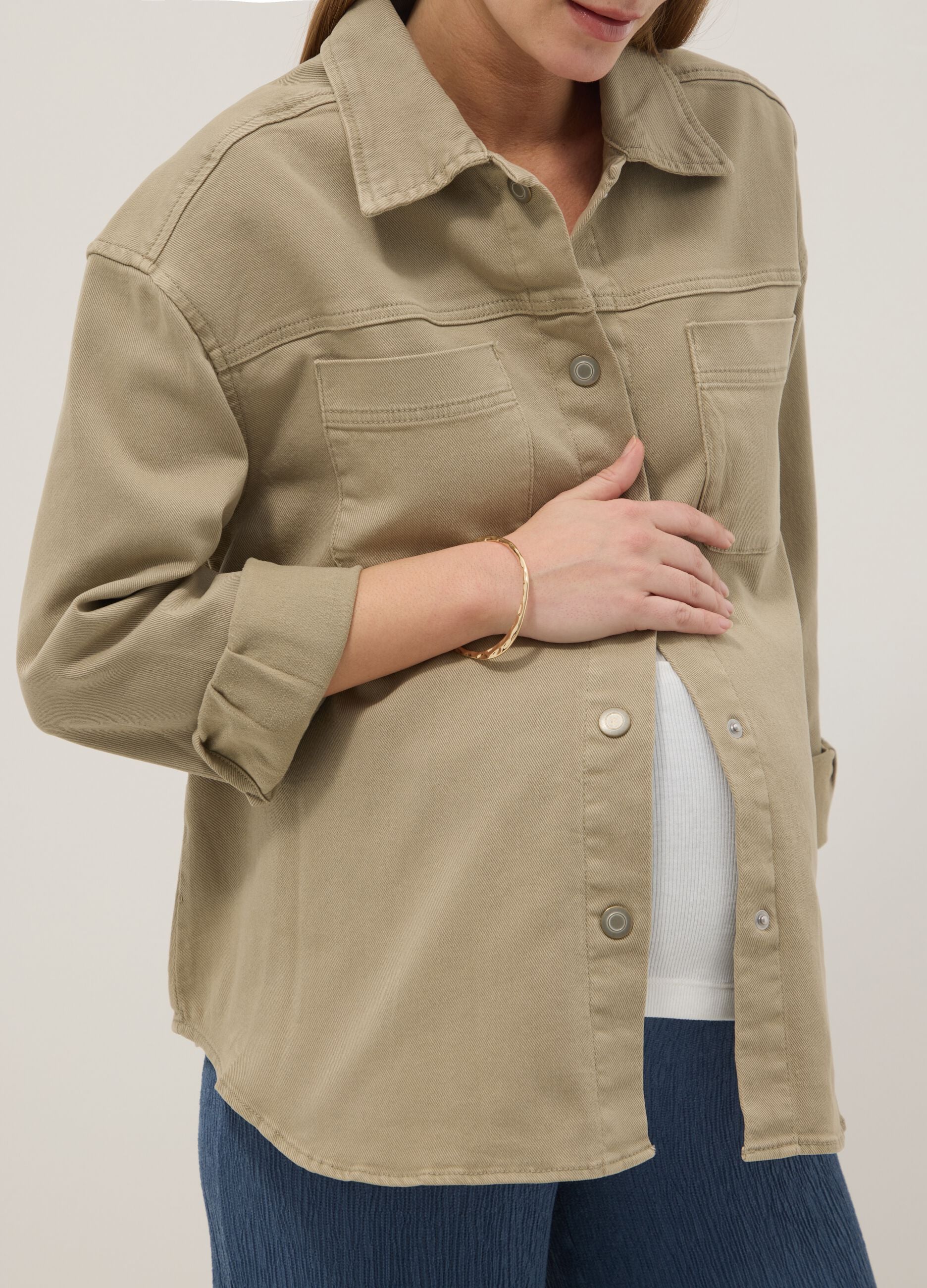 Beige Oversized Fit Stretch Cotton Maternity Shirt