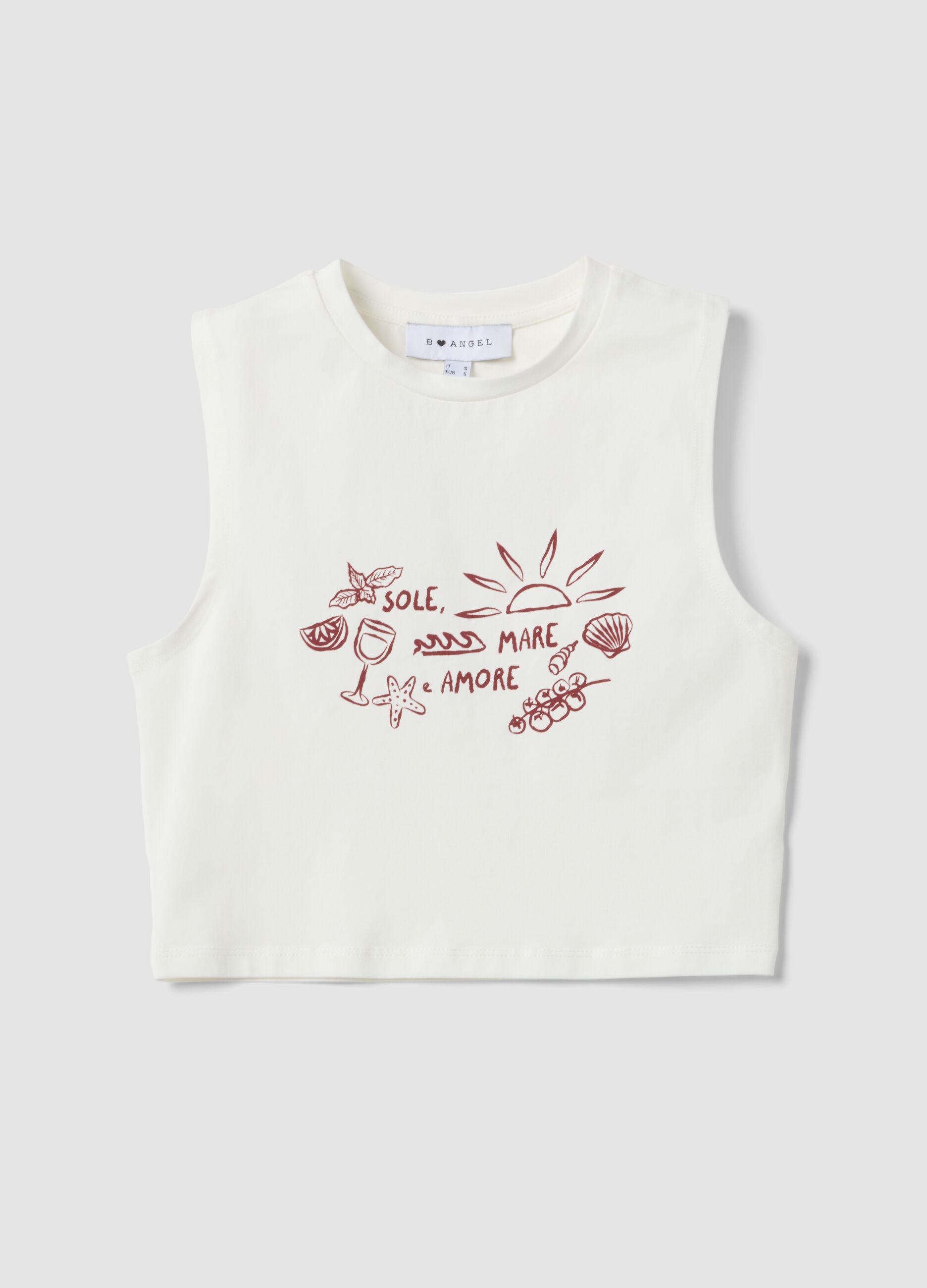 White regular-fit stretch cotton tank top with prints