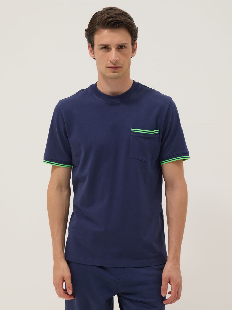Blue stretch cotton T-shirt with chest pocket_0