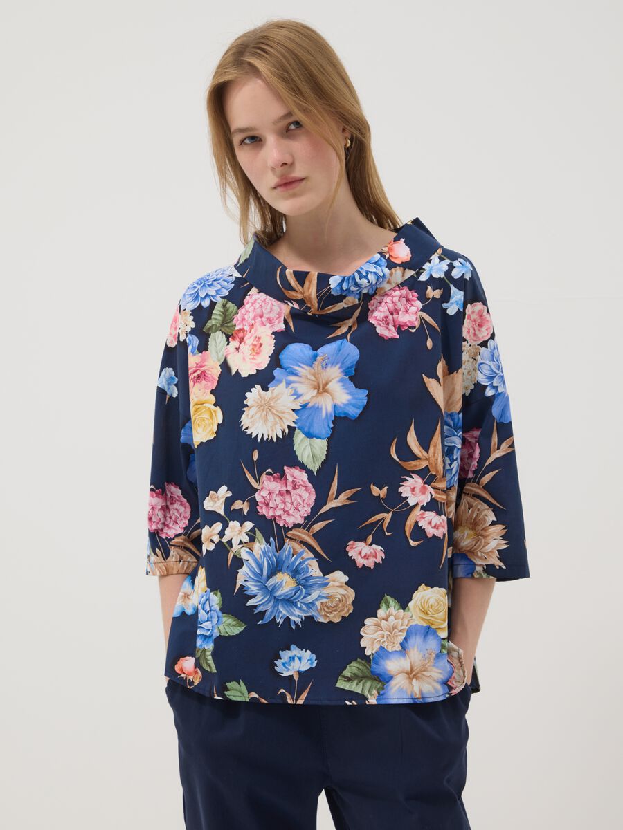 Blue floral stretch-cotton top_1