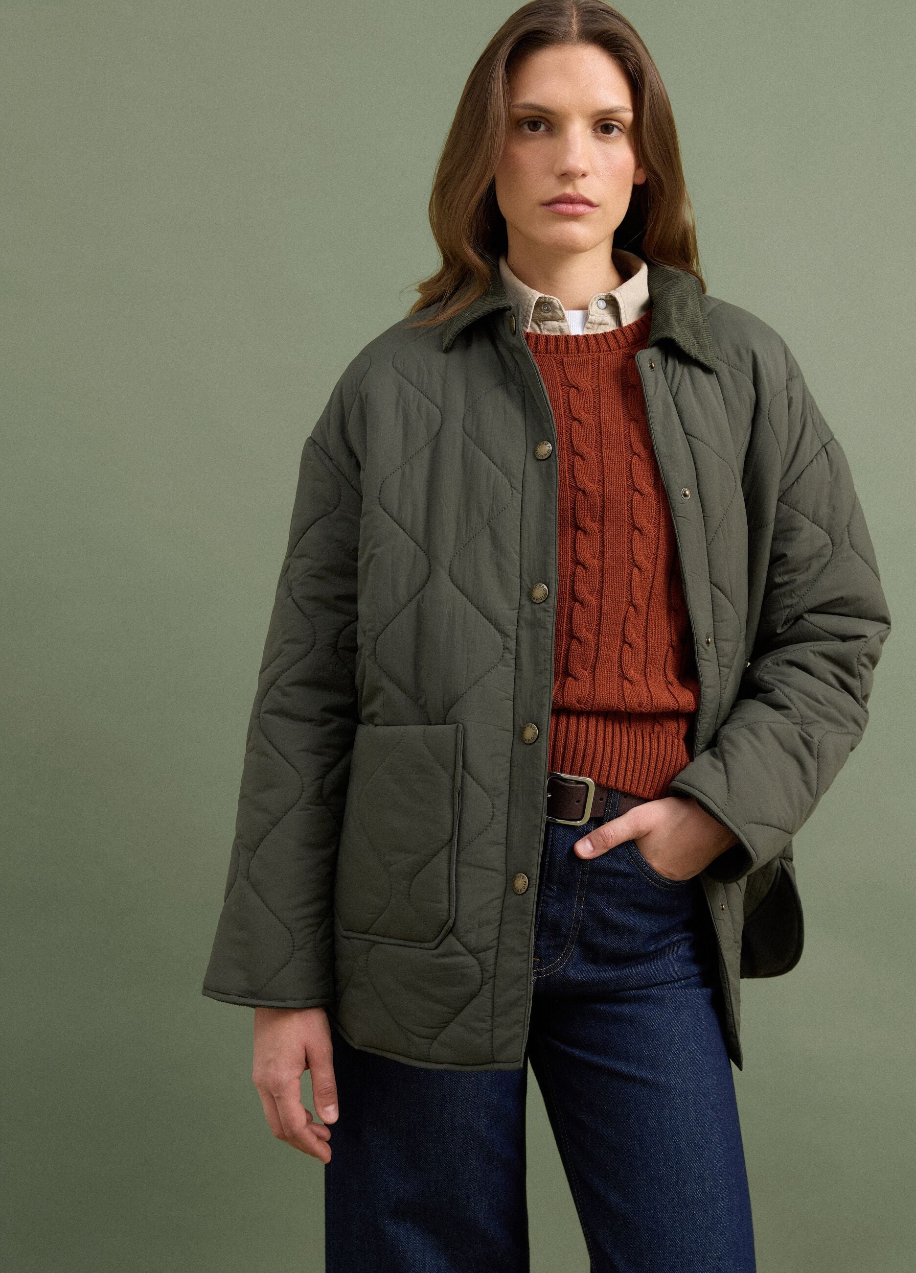 Green quilted padded jacket with buttons