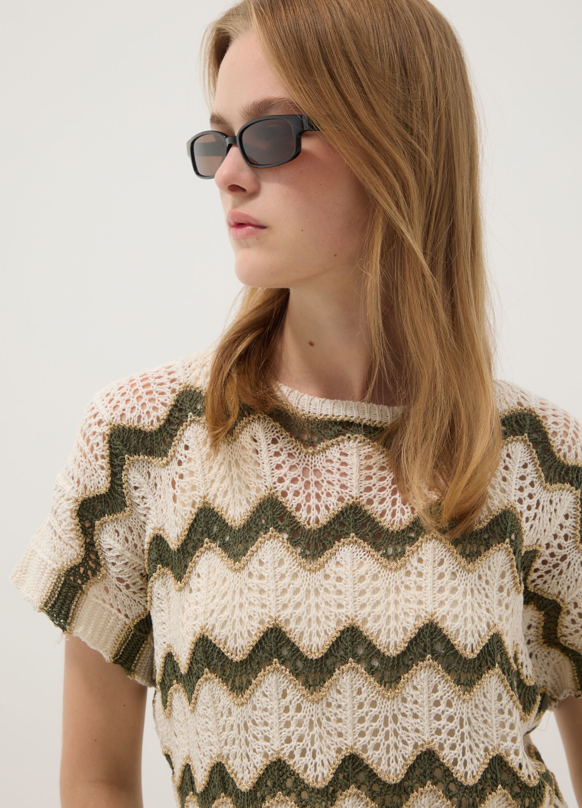 Beige open-knit striped top with green detailing in stretch cotton, regular fit