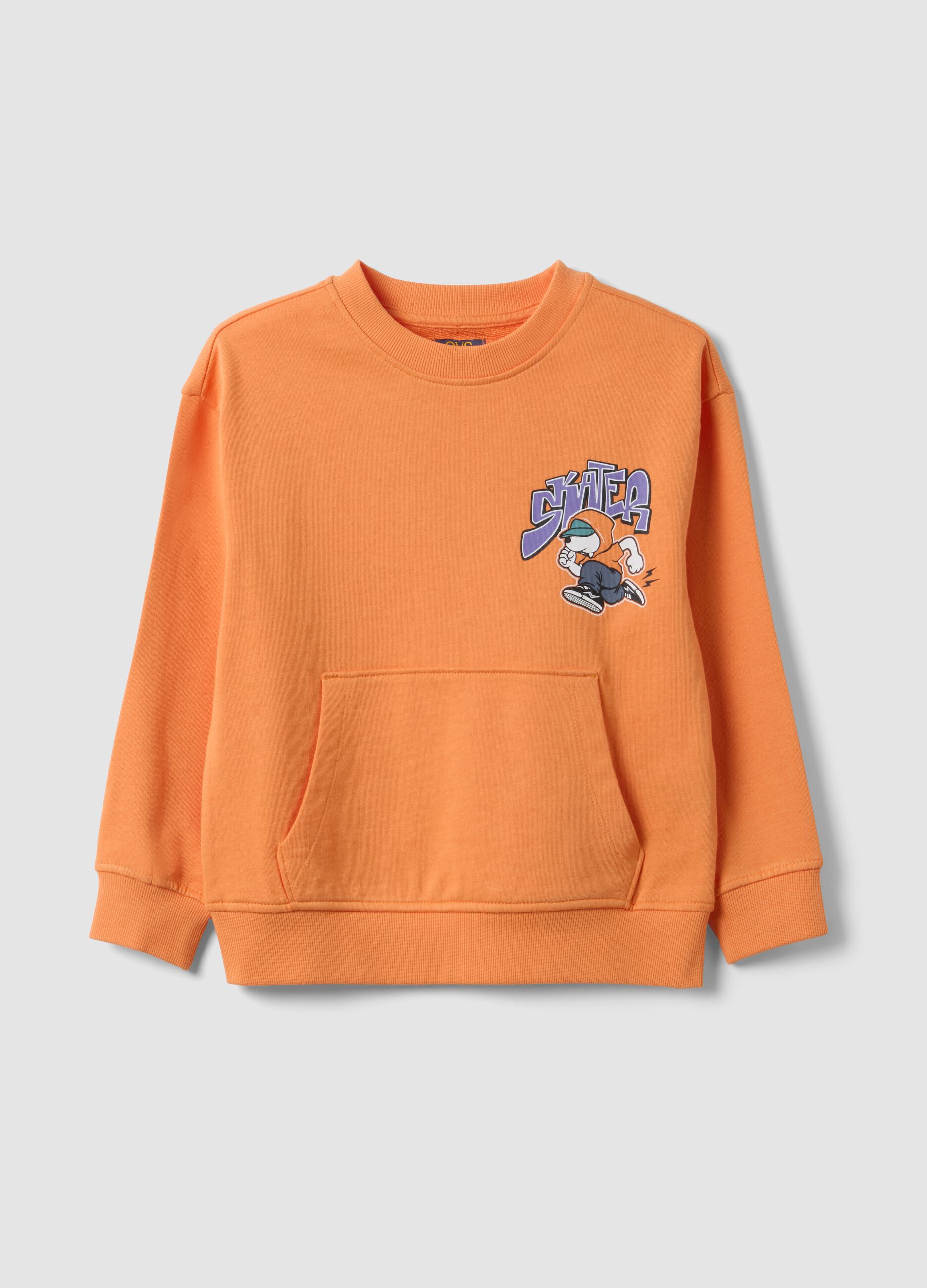 Orange oversized pure cotton hoodie with print and kangaroo pocket for boys