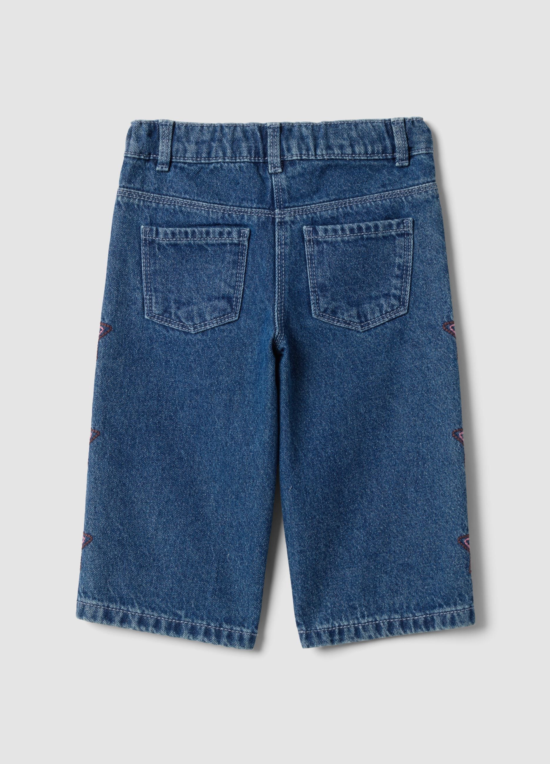 Blue wide-leg pure cotton jeans with embroidered stars for baby girl