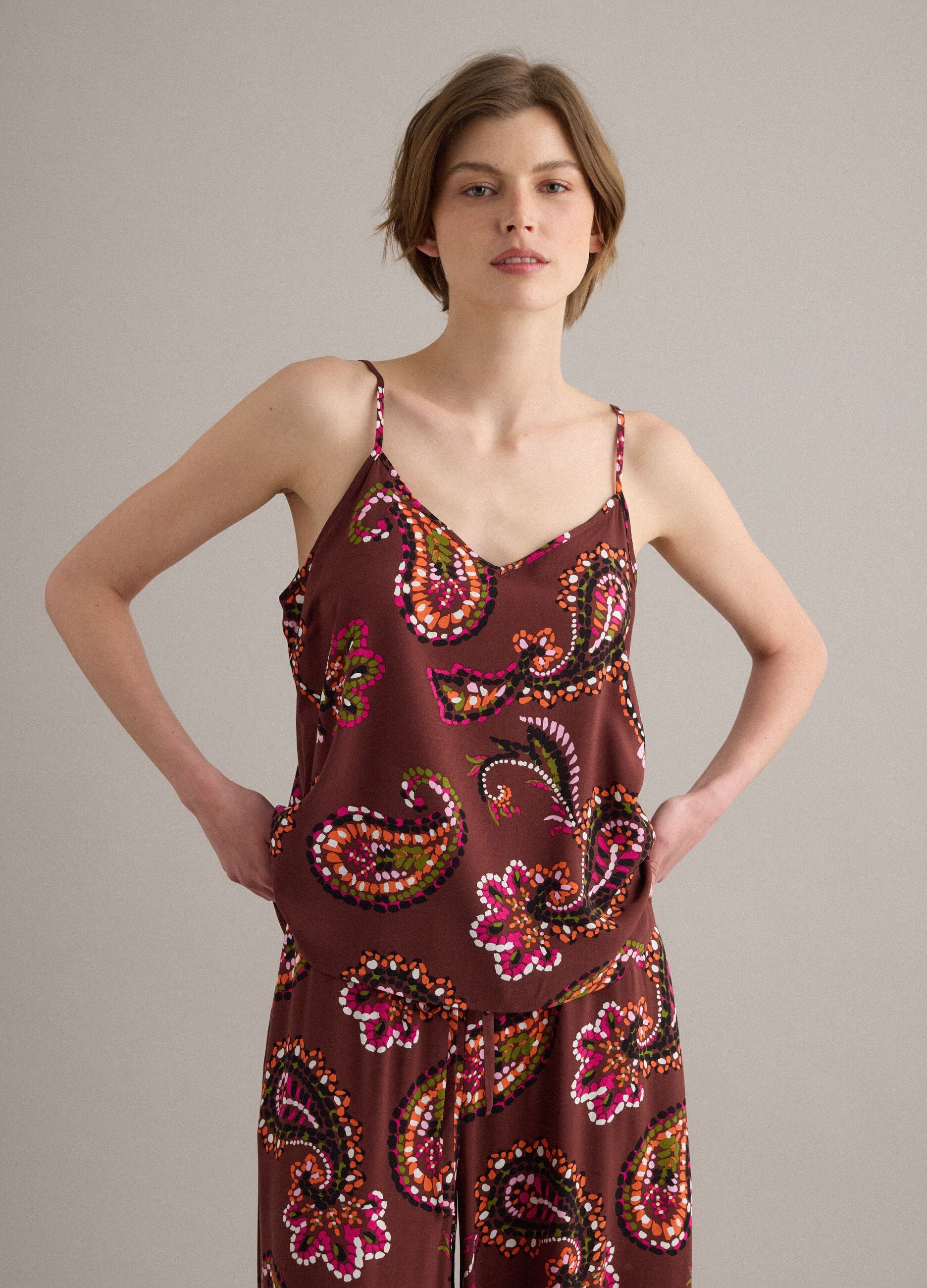 Brown pure-viscose paisley-print tank top