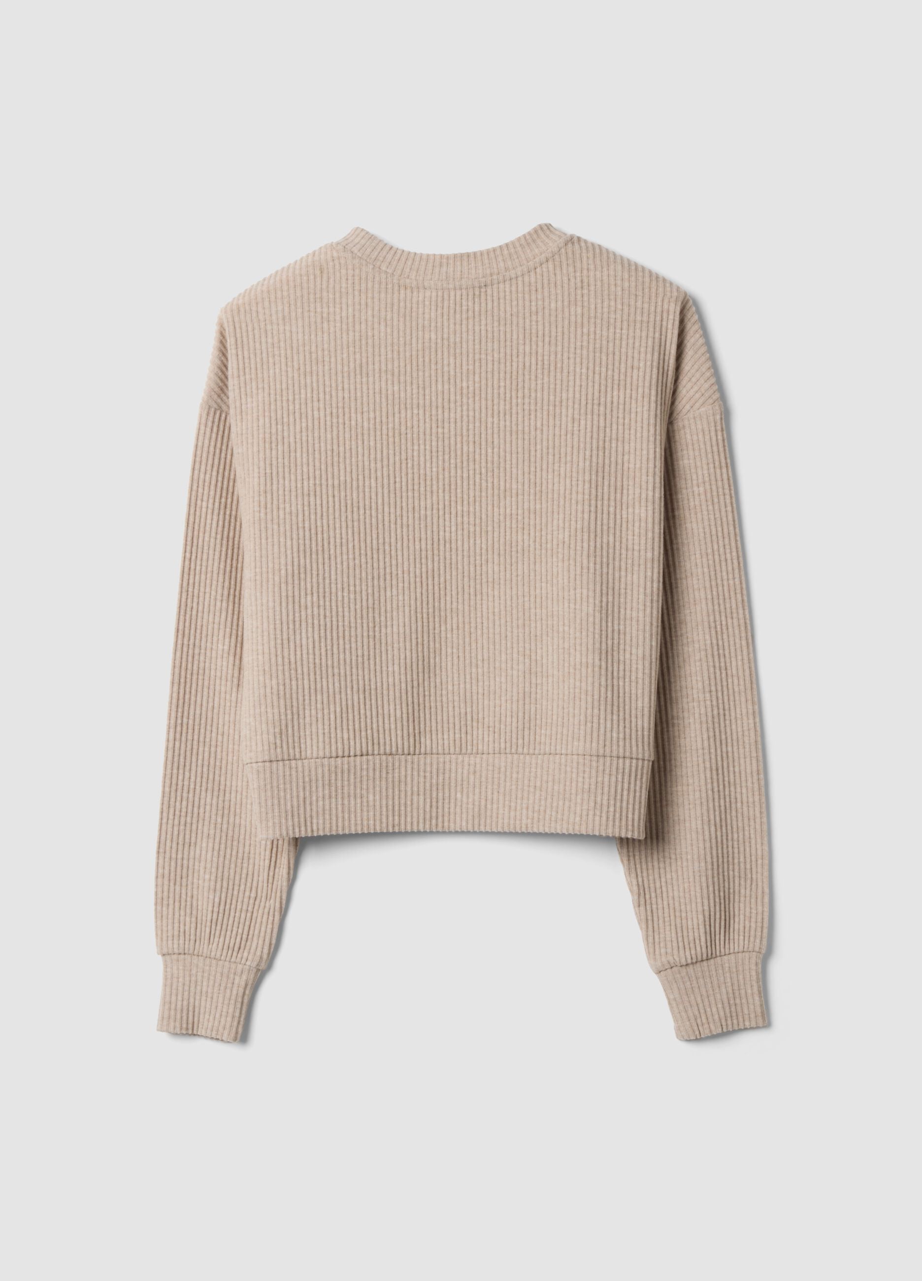 Beige ribbed stretch-viscose crew-neck T-shirt, regular fit