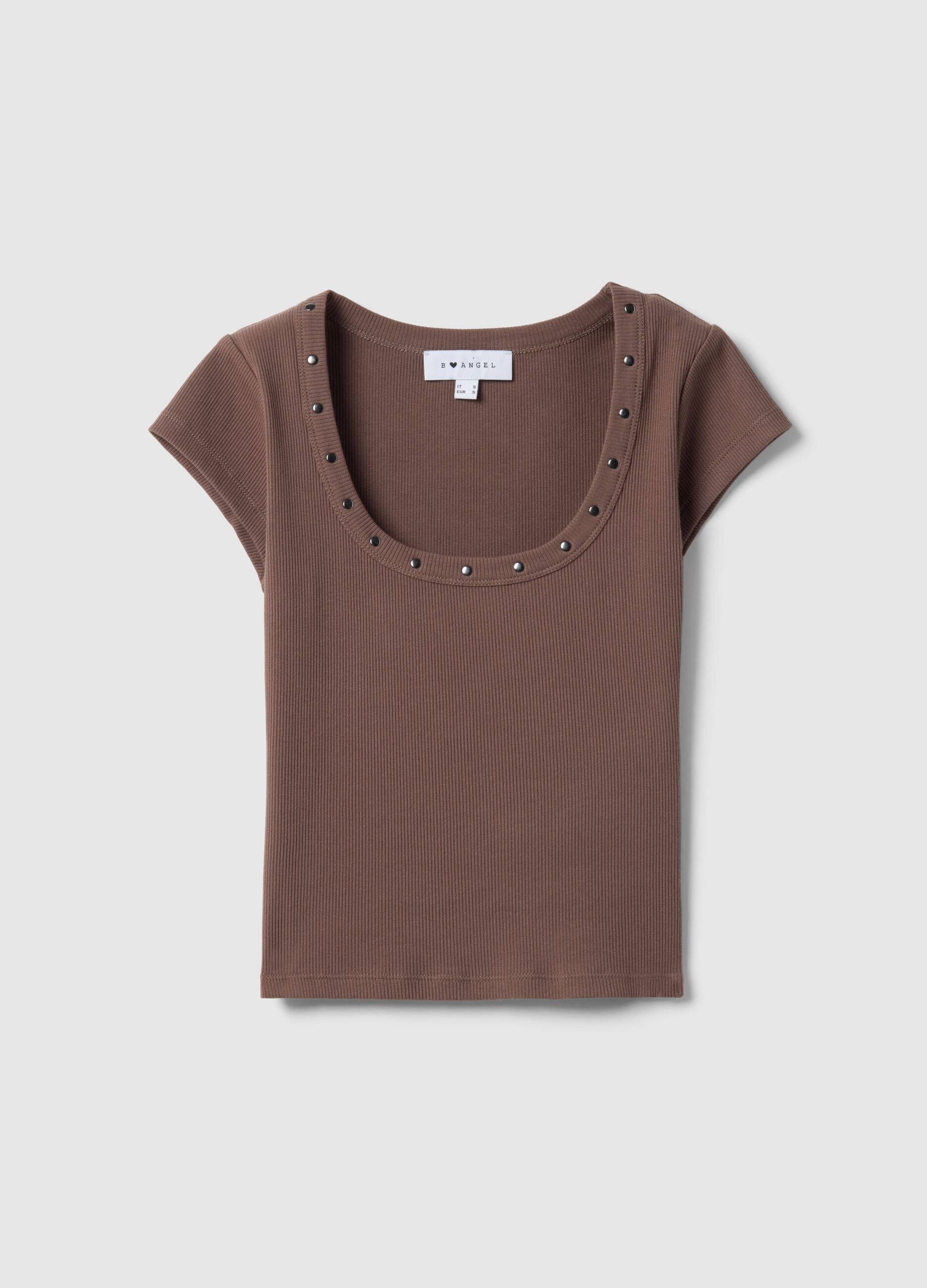 Brown slim fit stretch cotton t-shirt with studded neckline