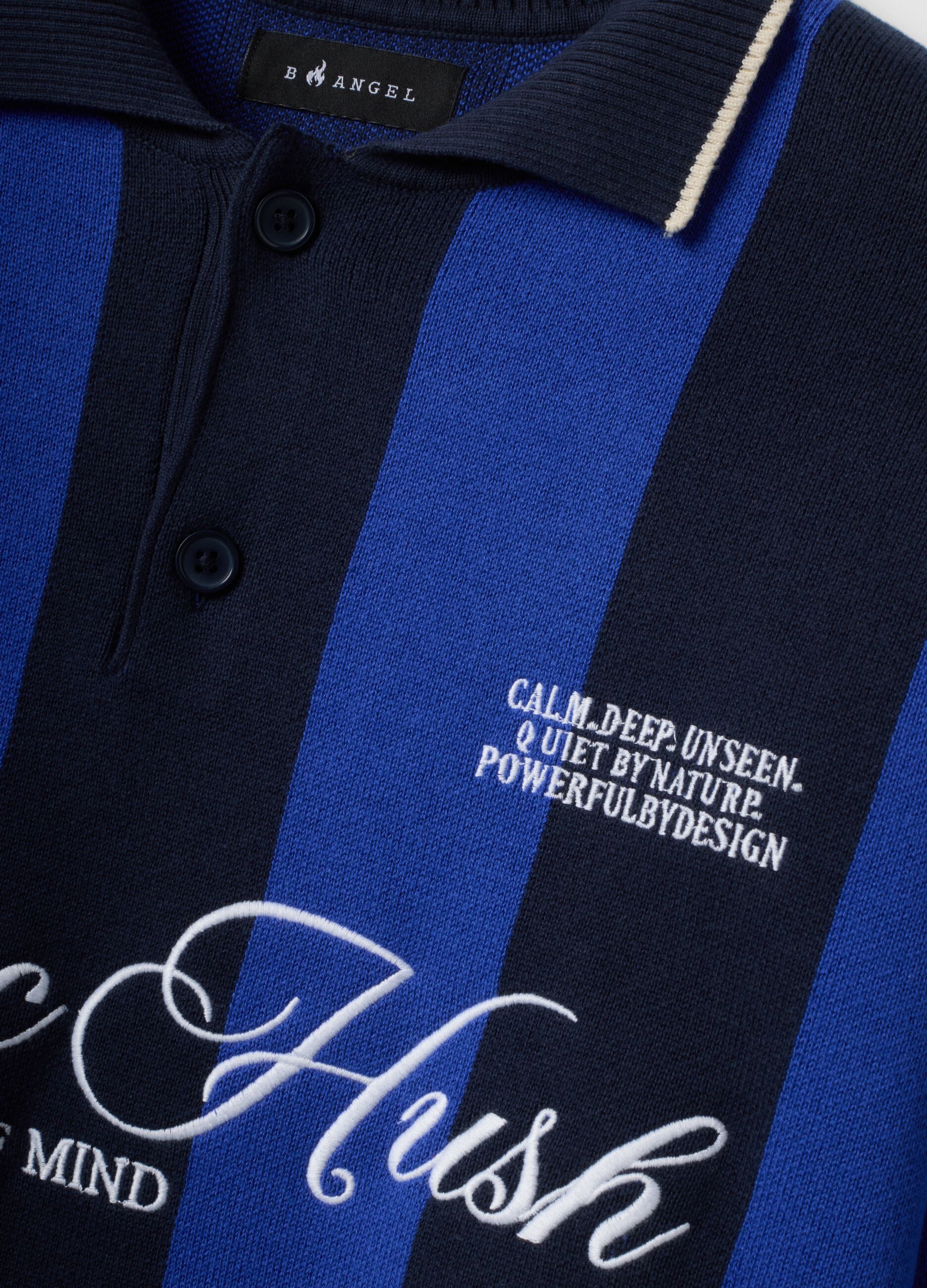 Blue and Black Pure Cotton Polo-Collar Knit Top, Oversized Fit