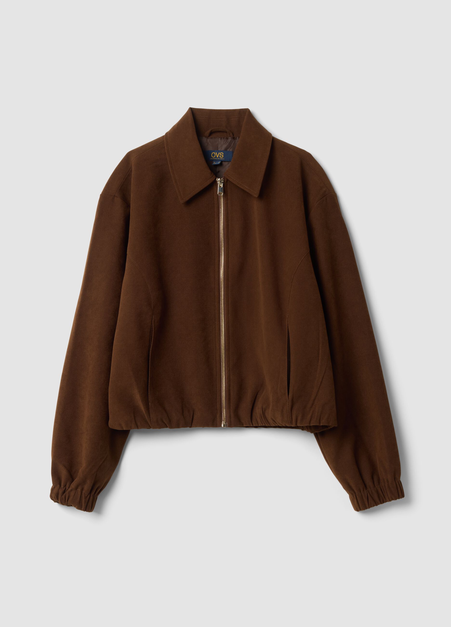 Brown stretch-fabric blazer with zip, oversized fit