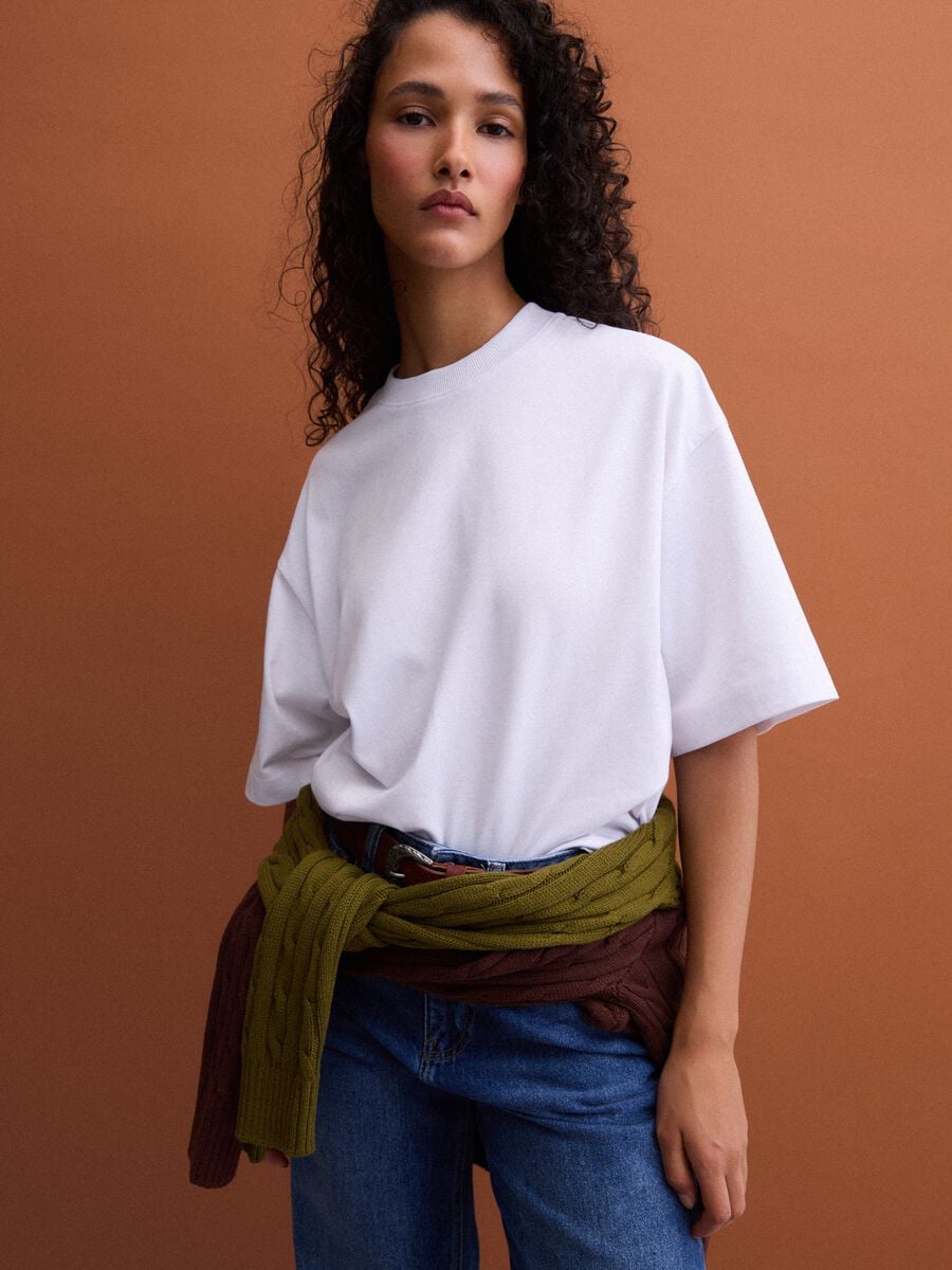 T-shirt bianca in misto cotone jersey a girocollo regular fit_2